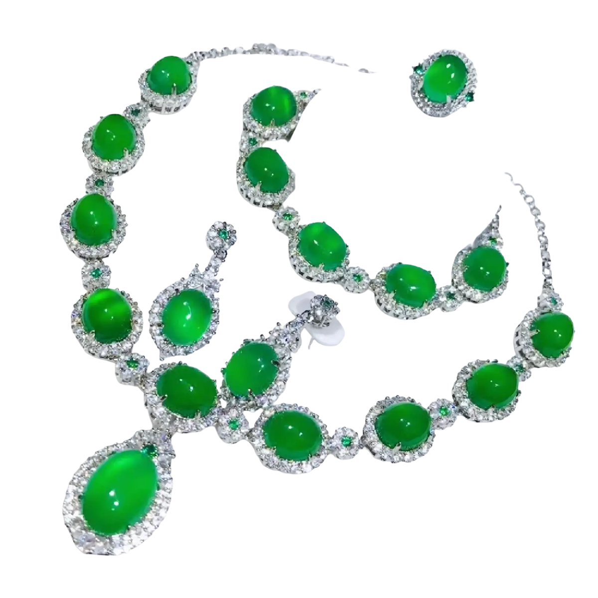 Lustrous emerald green jade necklace set with sparkling diamond accents in 925 sterling silver bridal jewelry set