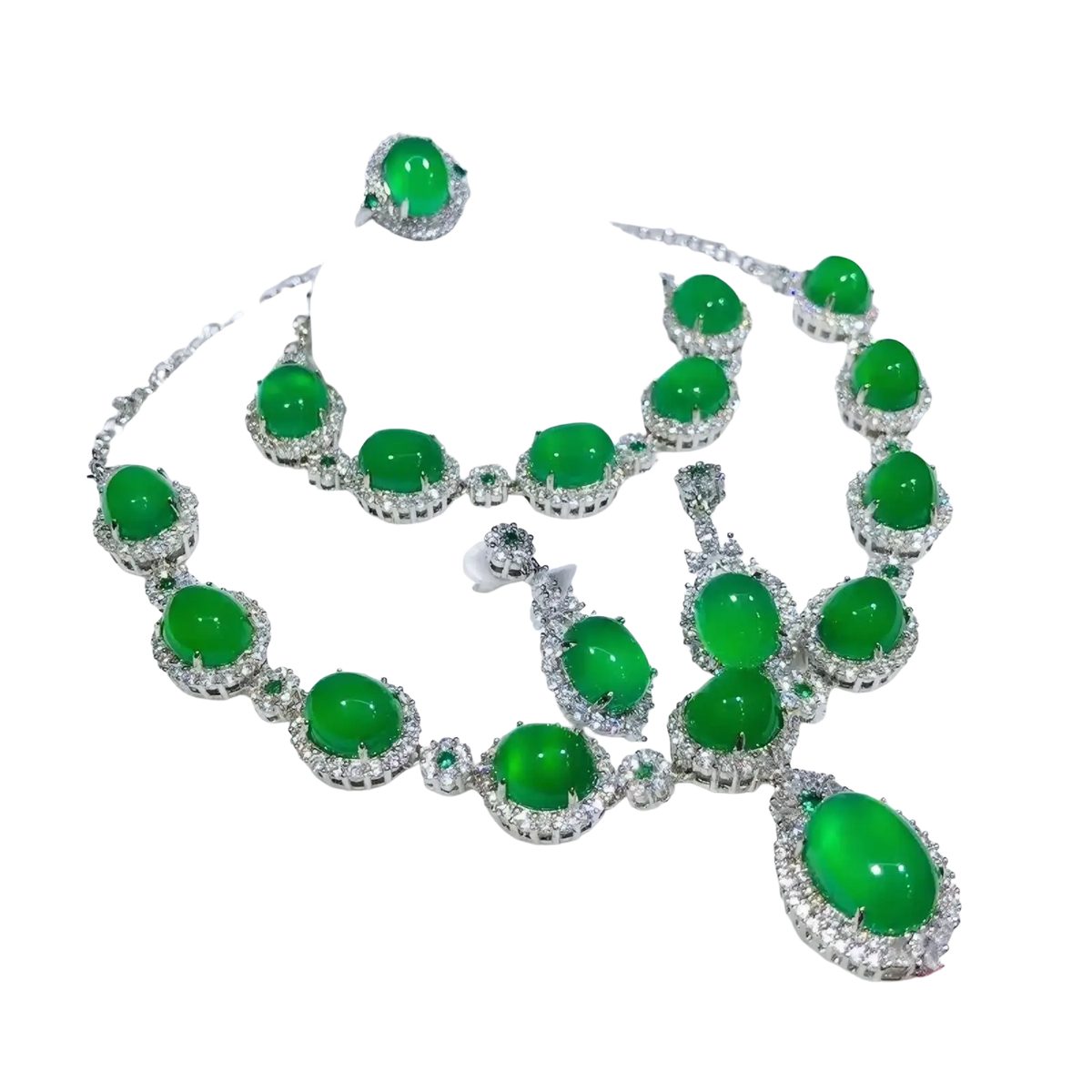 A jade jewelry set featuring vibrant green oval-cut jade and diamonds in 925 sterling silver bridal design