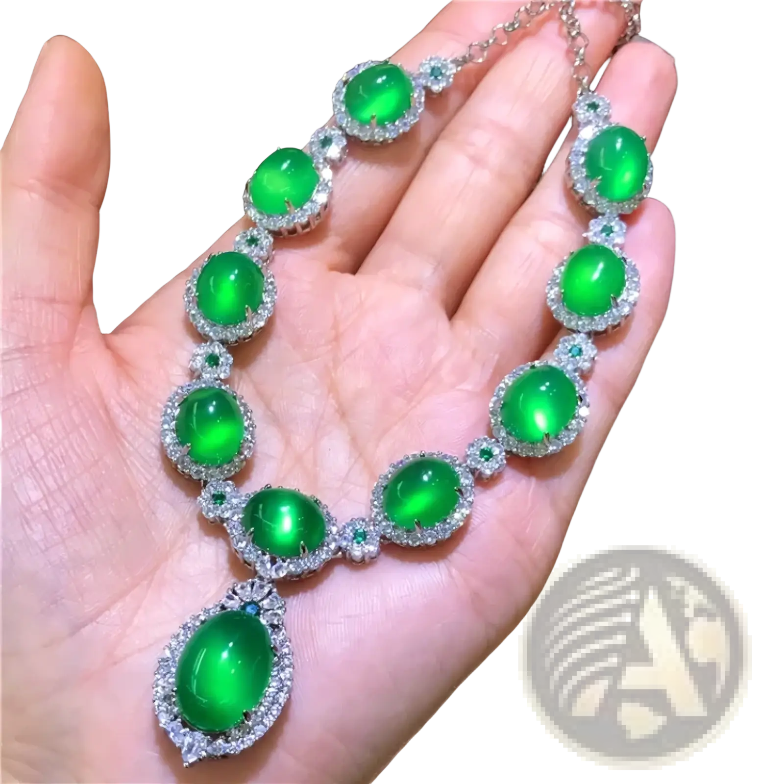 Elegant emerald green jade necklace with diamond accents on a delicate 925 sterling silver chain for bridal wear
