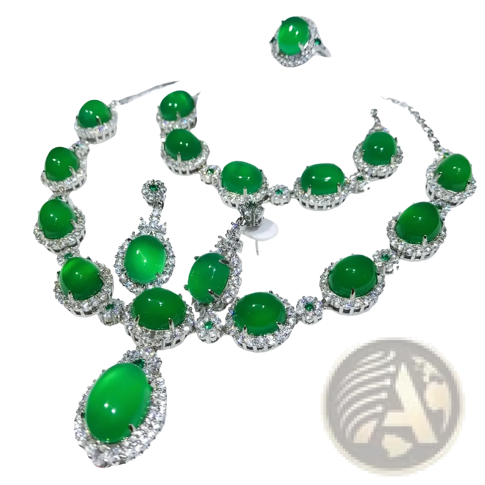 Jade jewelry set 925 sterling silver bridal set featuring an elegant jade green oval cabochon necklace with diamond accents