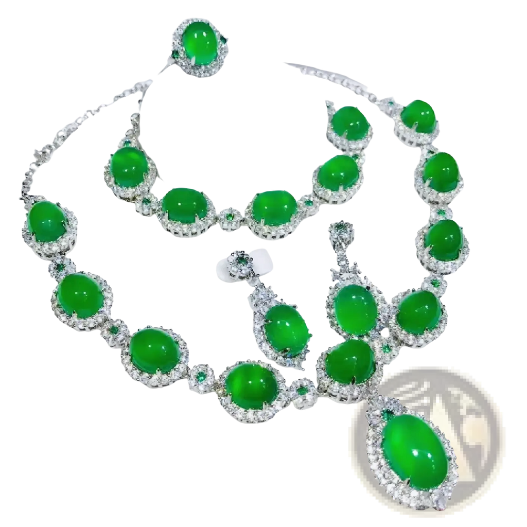 Lustrous emerald green jadeite necklace set with sparkling diamond accents and silver toned 925 sterling silver bridal set