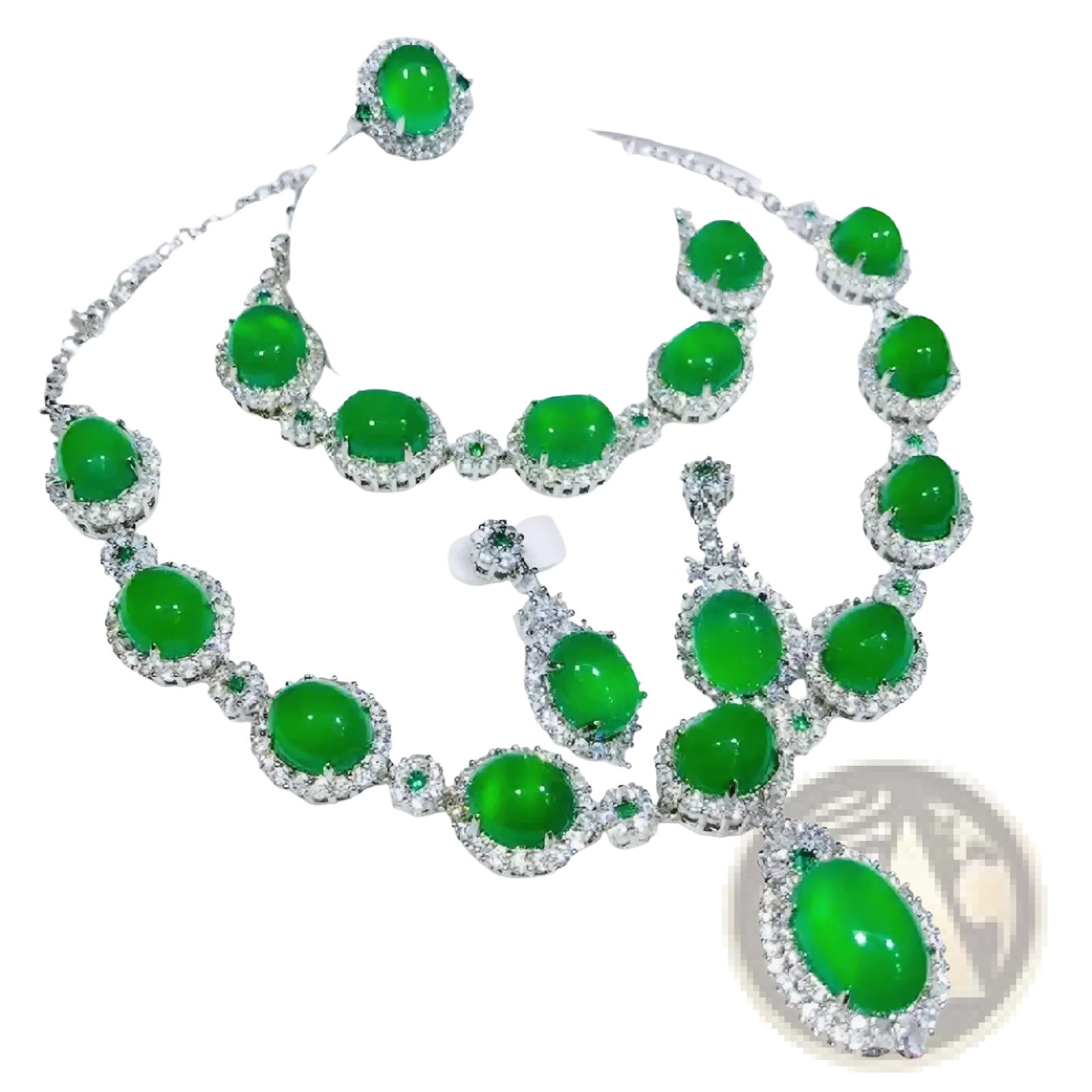 Lustrous emerald green jadeite necklace set with sparkling diamond accents and silver toned 925 sterling silver bridal set