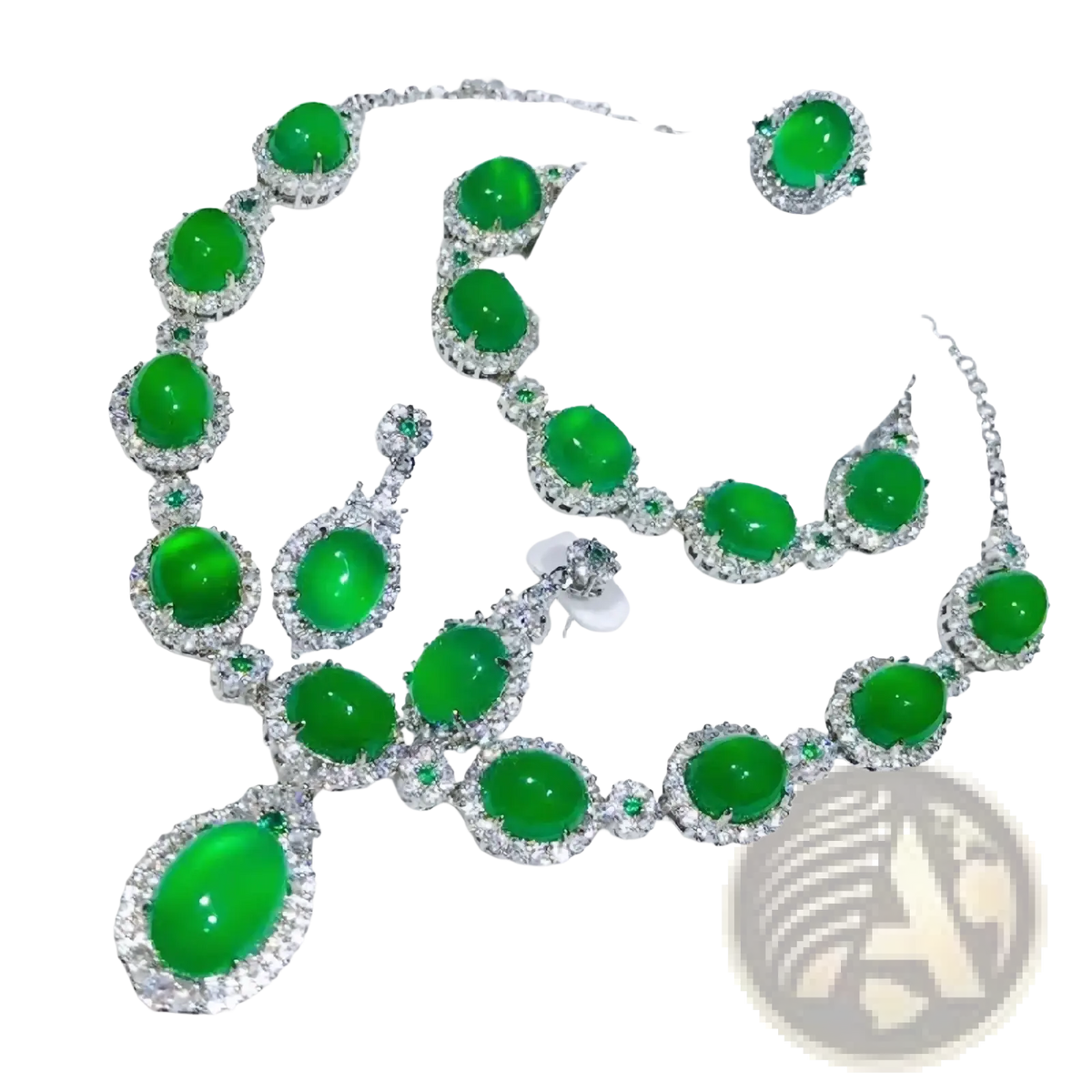 Lustrous emerald green jade necklace set with sparkling diamond accents in 925 sterling silver bridal jewelry set