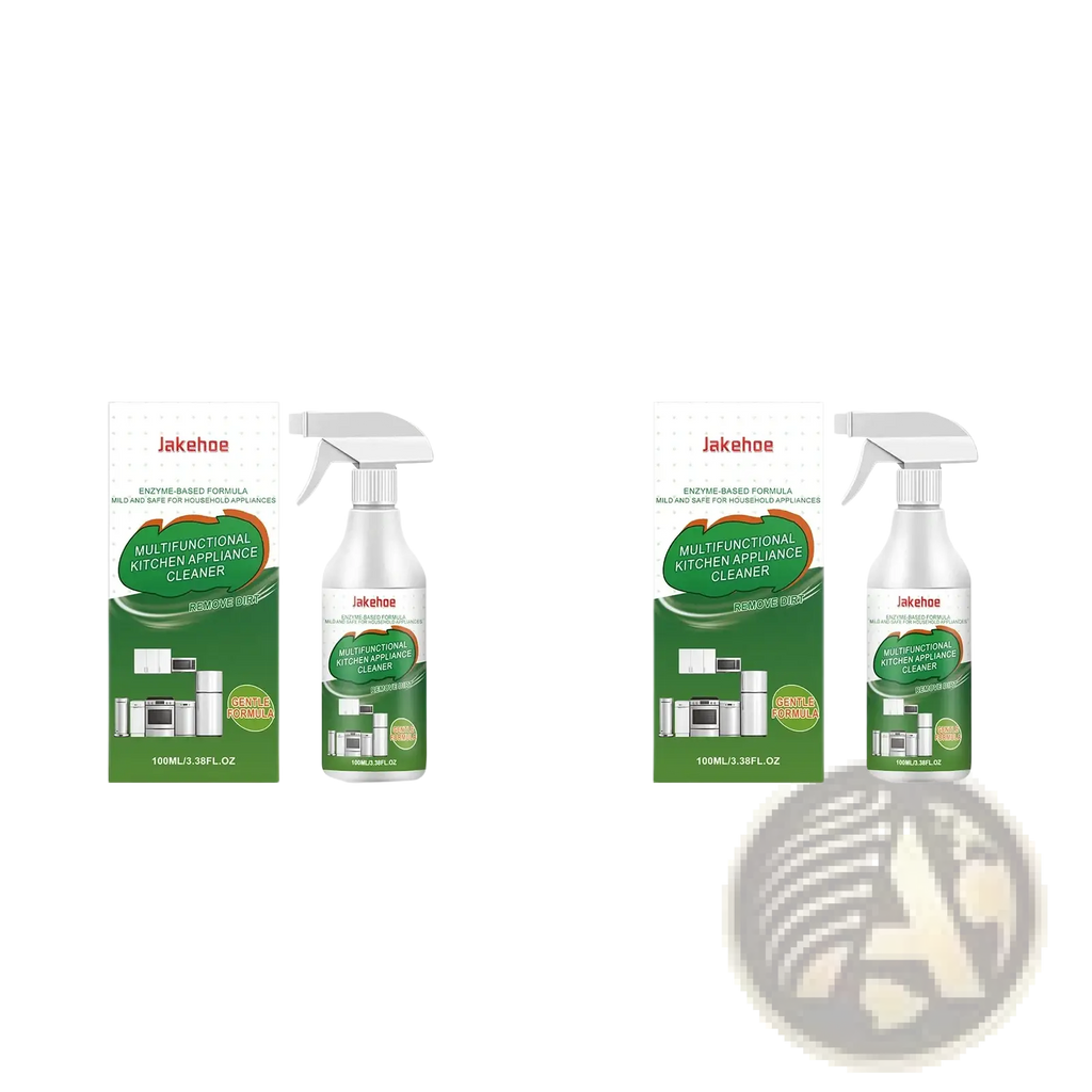 Two white spray bottles of Jakehoe kitchen appliance grease cleaner spray with a green enzyme-based formula label