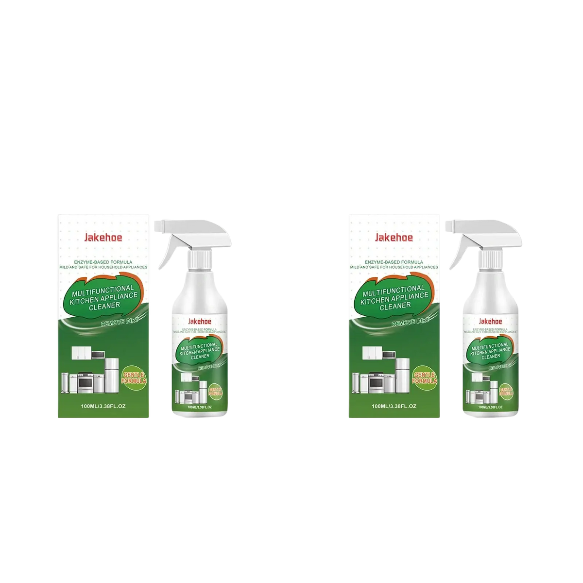 Two white spray bottles of Jakehoe kitchen appliance grease cleaner spray with a green enzyme-based formula label
