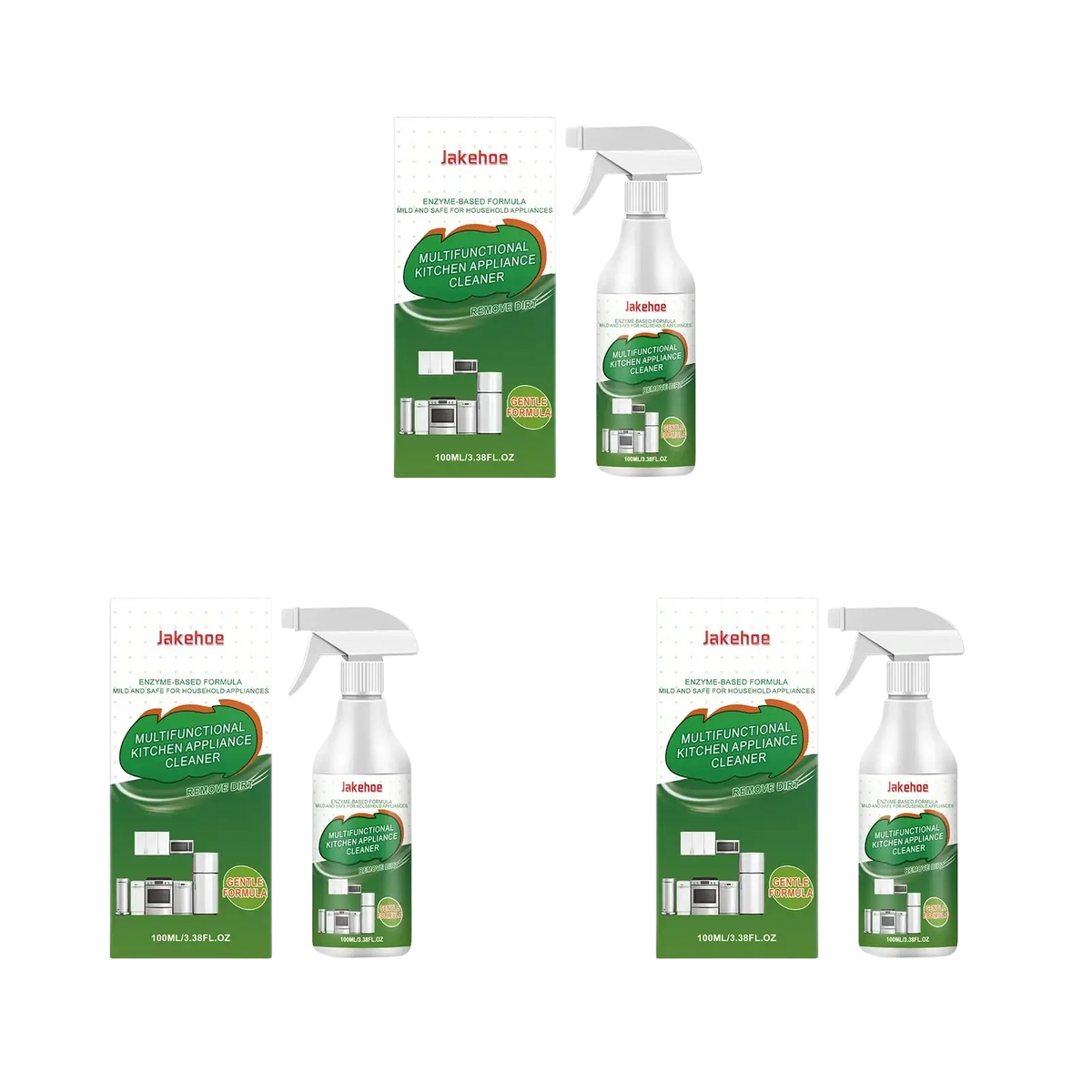White spray bottle with green and white label branded jakehoe for multifunctional kitchen appliance grease cleaner spray