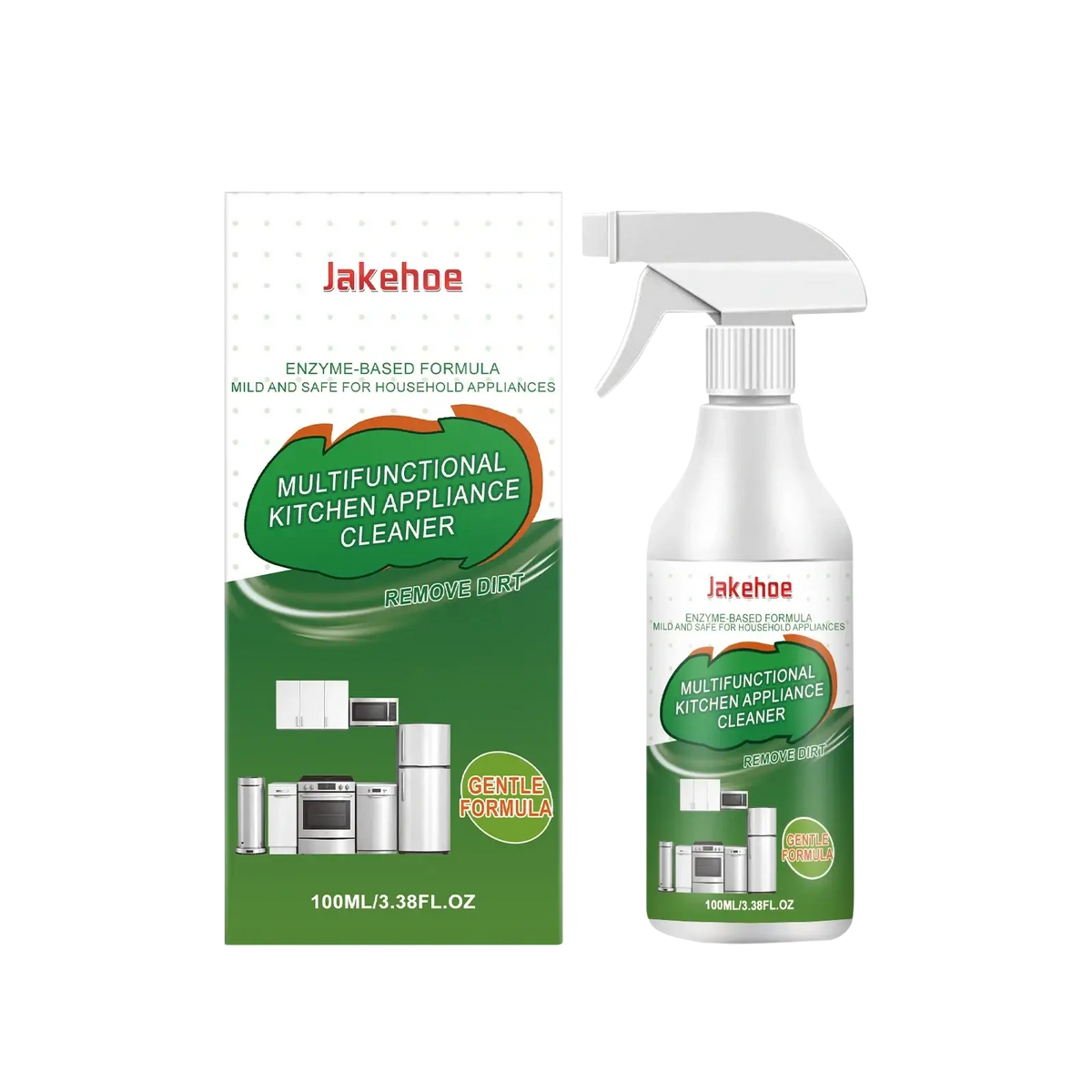 White spray bottle with green and white label featuring jakehoe branding for multifunctional kitchen grease cleaner spray