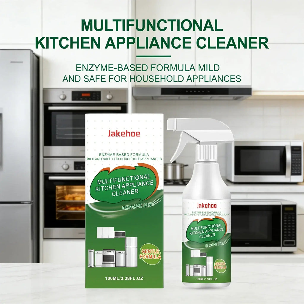 White spray bottle with green and white label featuring jakehoe multifunctional kitchen appliance grease cleaner spray