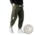Olive green Japanese casual tapered military cargo pants with multiple pockets and a drawstring waistband