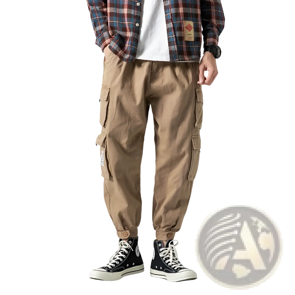 Beige japanese casual tapered military cargo pants with multiple pockets and elastic cuffs designed for utility and style