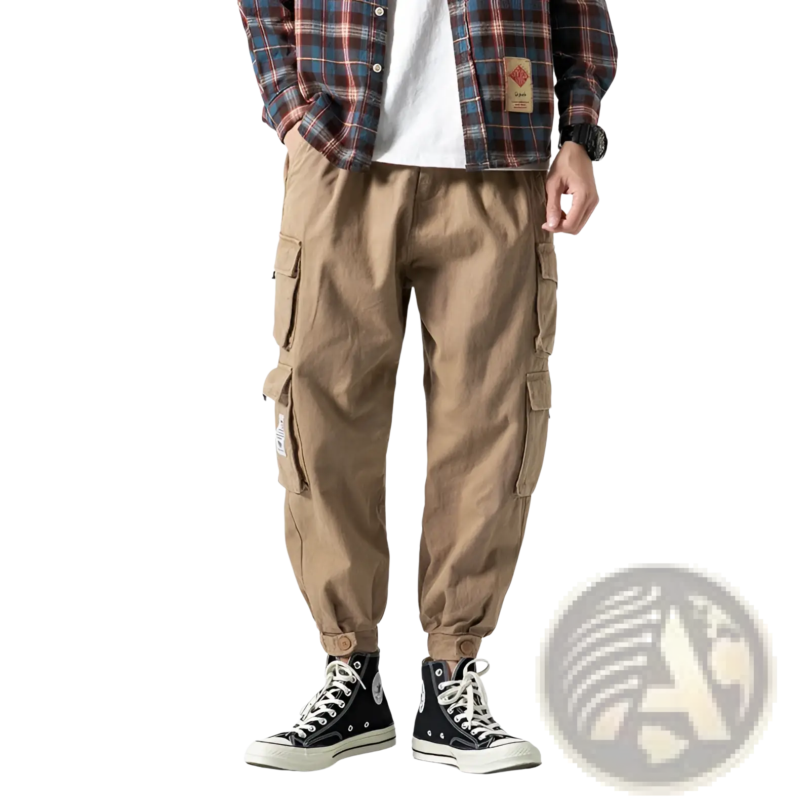 Beige japanese casual tapered military cargo pants with multiple pockets and elastic cuffs designed for utility and style