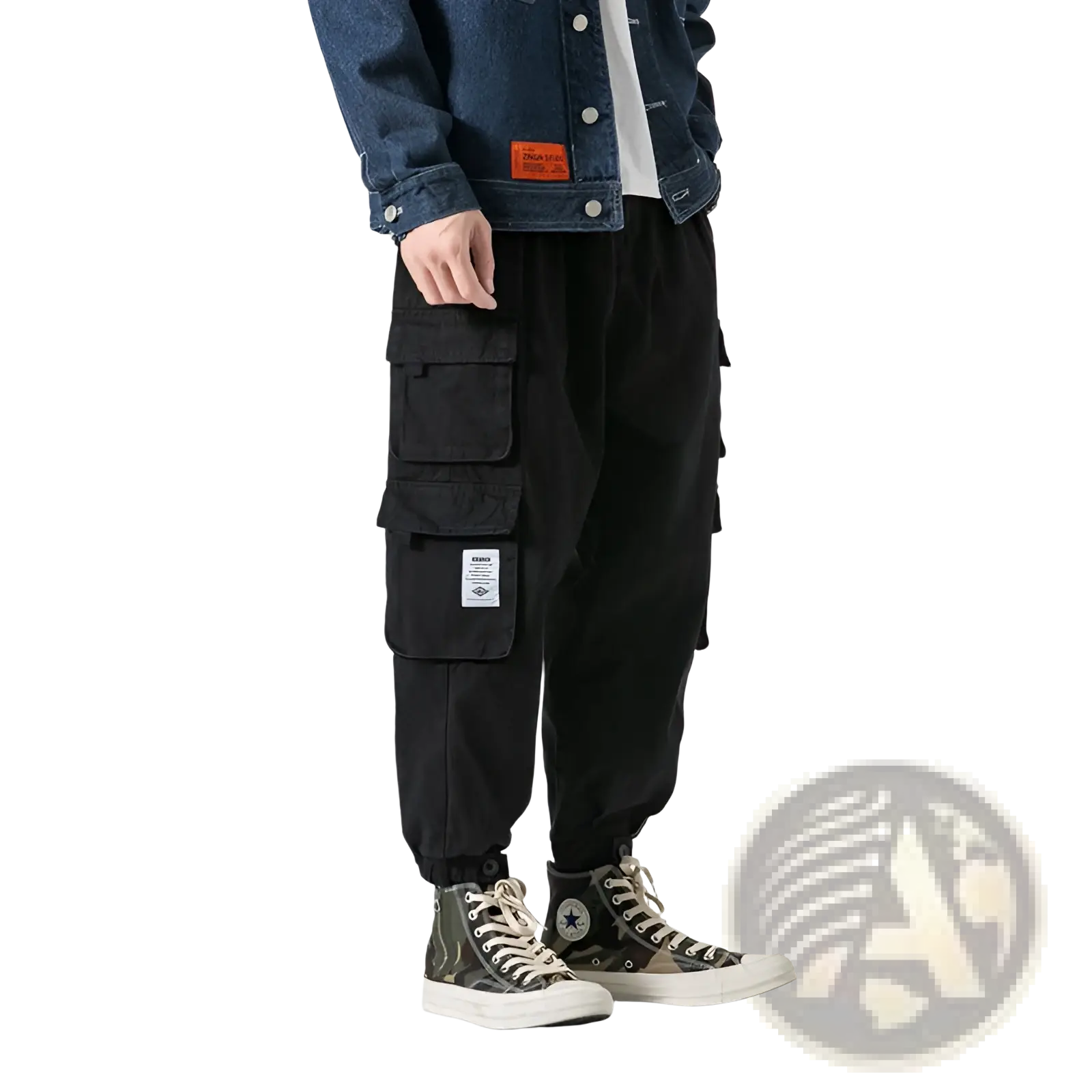 Black japanese casual tapered military cargo pants with multiple pockets and drawstring waist for utility and style