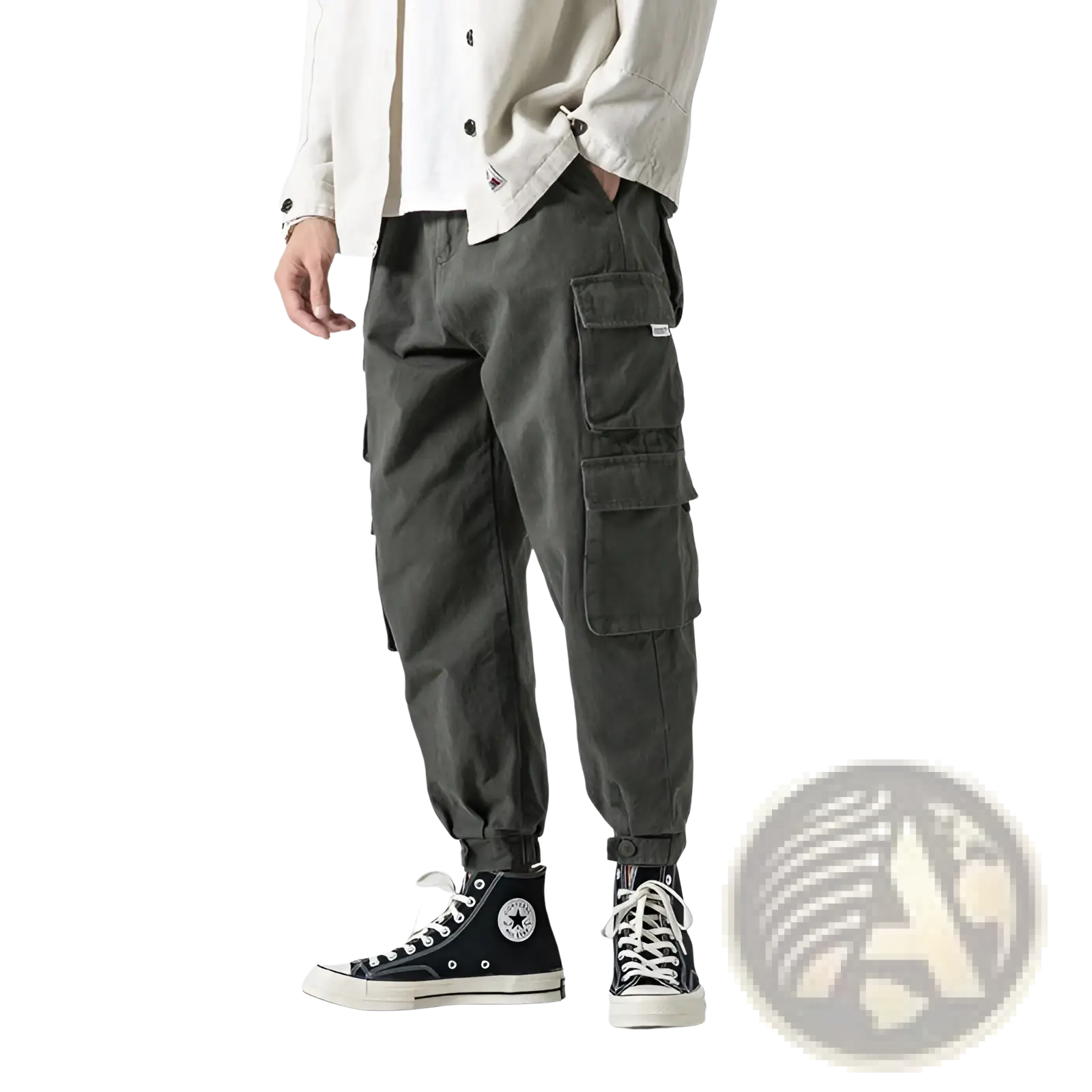 Dark olive japanese casual tapered military cargo pants with multiple pockets and relaxed fit for versatile wear