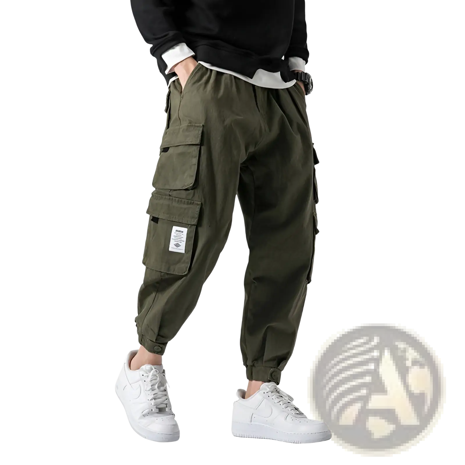 Olive green Japanese casual tapered military cargo pants with multiple pockets and drawstring waistband
