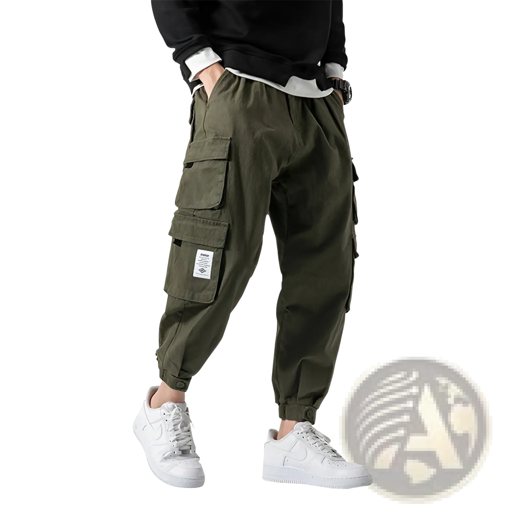 Olive green japanese casual tapered military cargo pants with multiple pockets and drawstring waistband for comfort