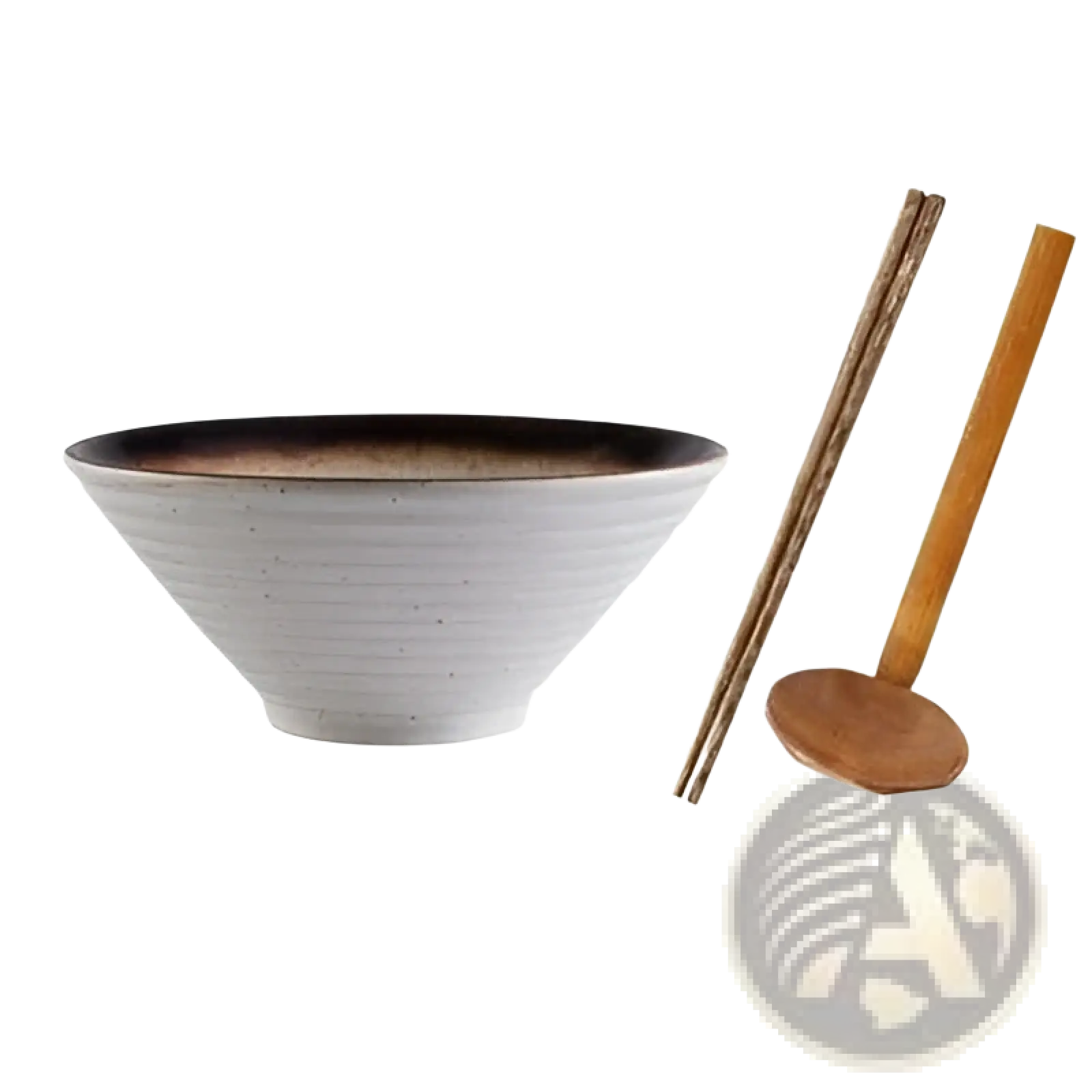 Japanese ceramic bowl with white exterior, dark brown interior, and subtle horizontal ridges from rustic speckled tableware set