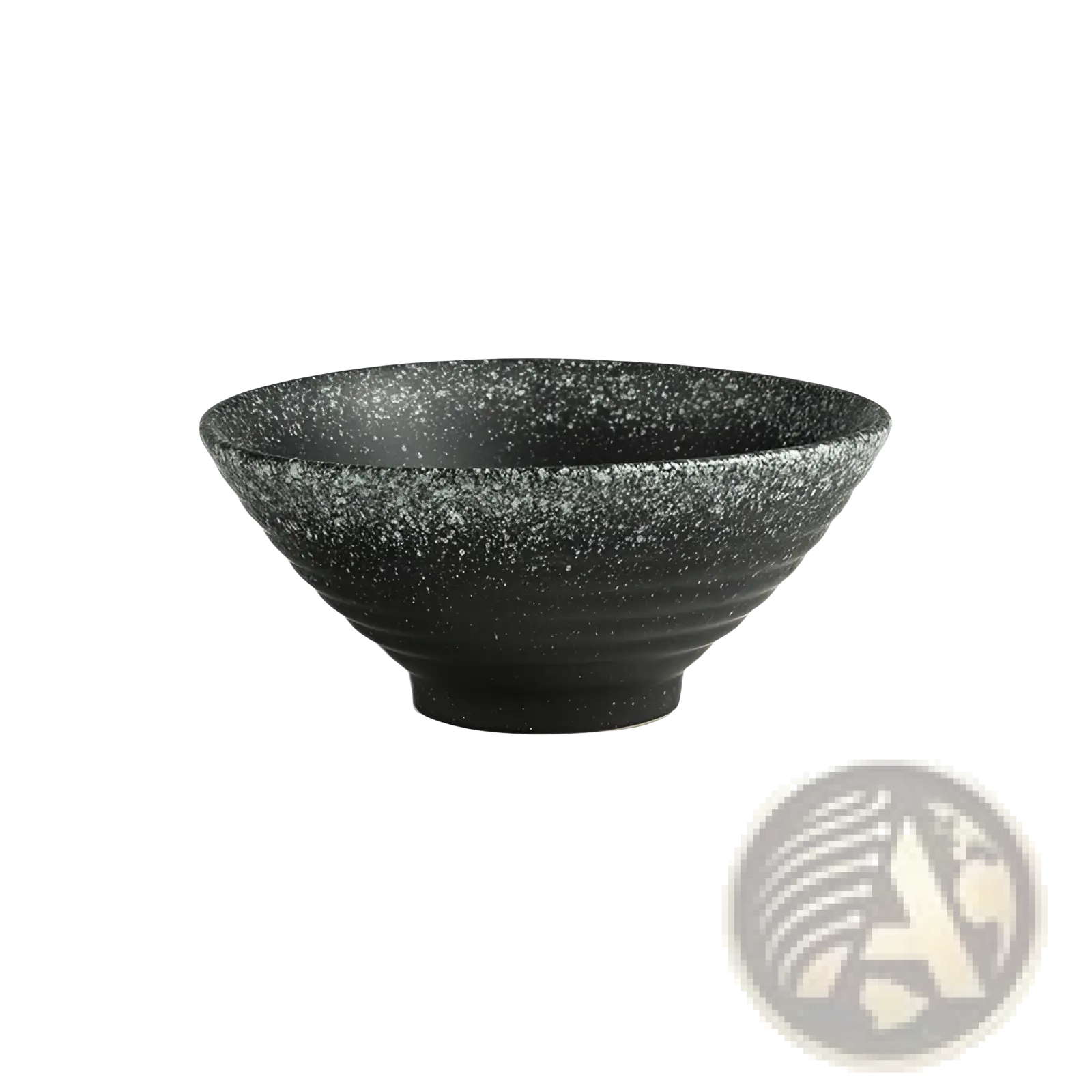A black speckled ceramic trumpet bowl with ribbed texture and wide shallow rim from Japanese rustic tableware set