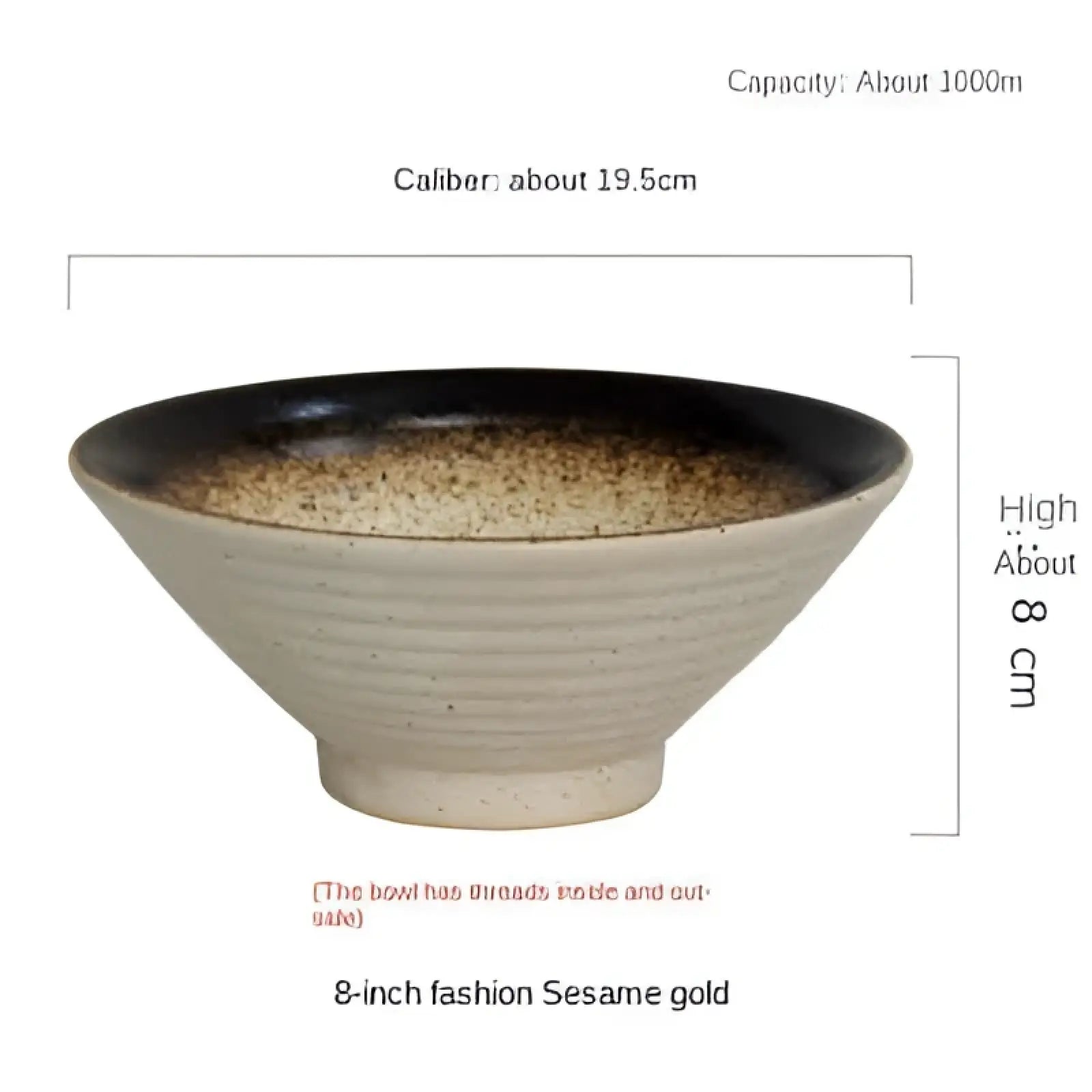 A japanese ceramic bowl with a speckled beige exterior and glossy black rim featuring subtle horizontal ridges