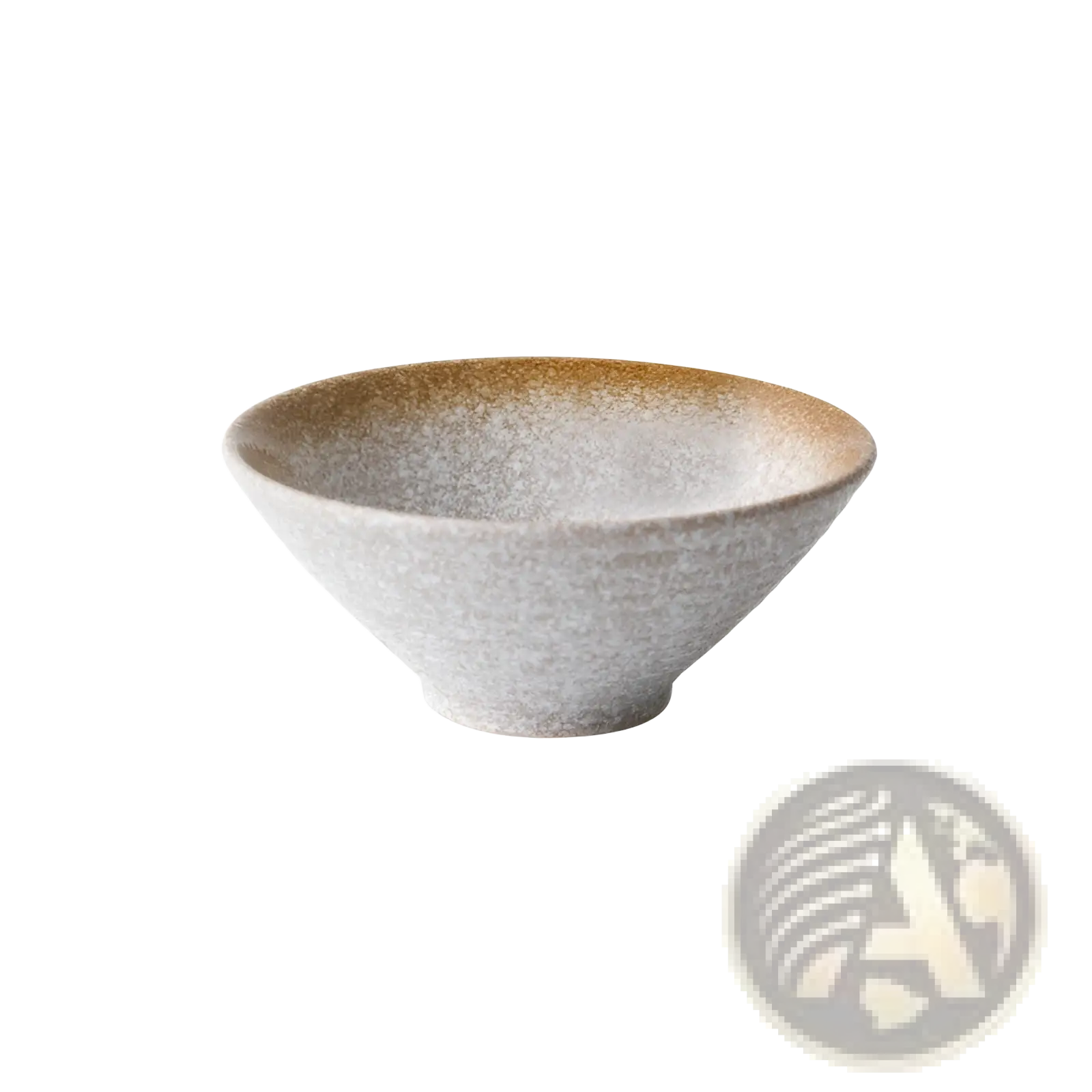 A Japanese ceramic bowl with a rustic speckled gray and brown glaze and a wide rim tapering to a narrow base