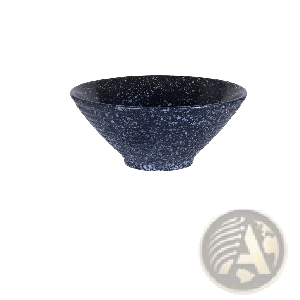 A dark blue speckled Japanese ceramic bowl with textured ribbed exterior and smooth interior for rustic tableware set