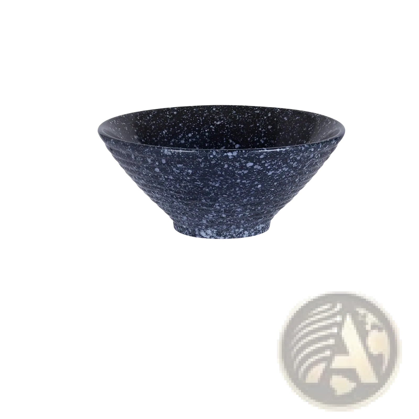 A dark blue speckled Japanese ceramic bowl with textured ribbed exterior and smooth interior for rustic tableware set