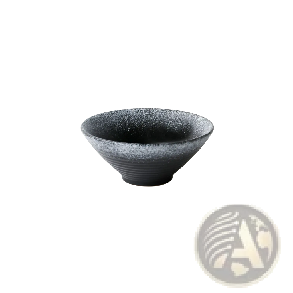 A sleek black ceramic bowl with speckled glaze and horizontal ridges in a Japanese rustic tableware set