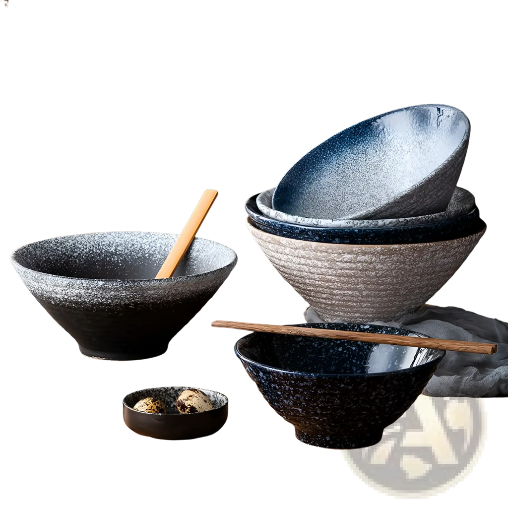 Set of rustic ceramic Japanese ceramic bowls with speckled glaze in black navy blue and gray tones for tableware