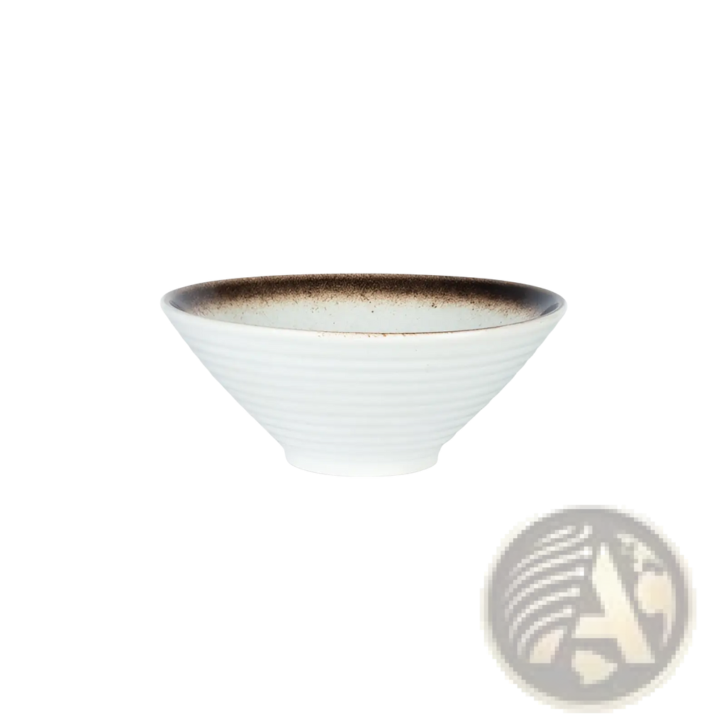 A white ceramic Japanese bowl with a brown speckled rim and subtle ridges, measuring 20cm diameter and 9cm tall