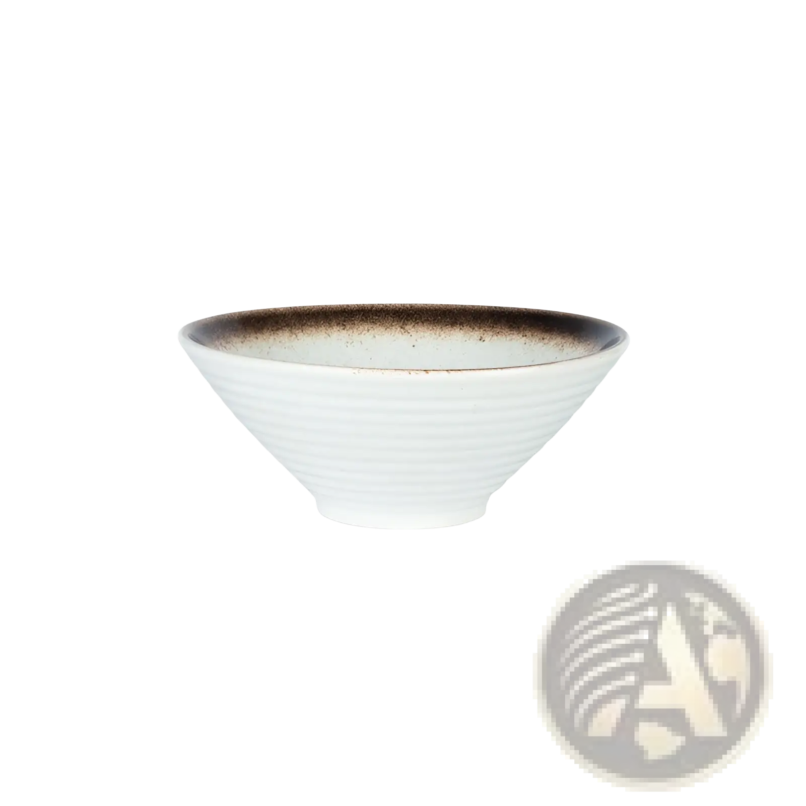 A white ceramic Japanese bowl with a brown speckled rim and subtle ridges, measuring 20cm diameter and 9cm tall