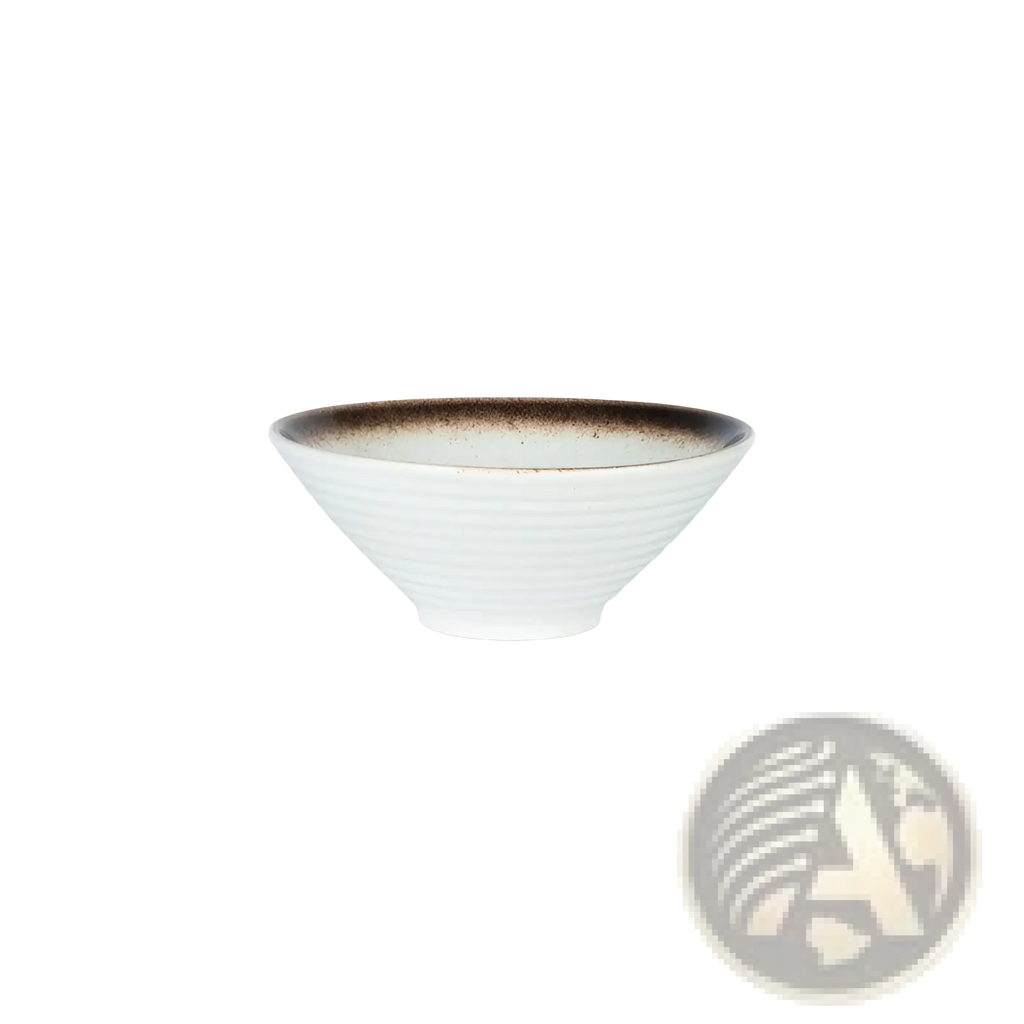 A white ceramic Japanese rustic bowl with a brown speckled rim and subtle ridges measuring 18cm by 8cm