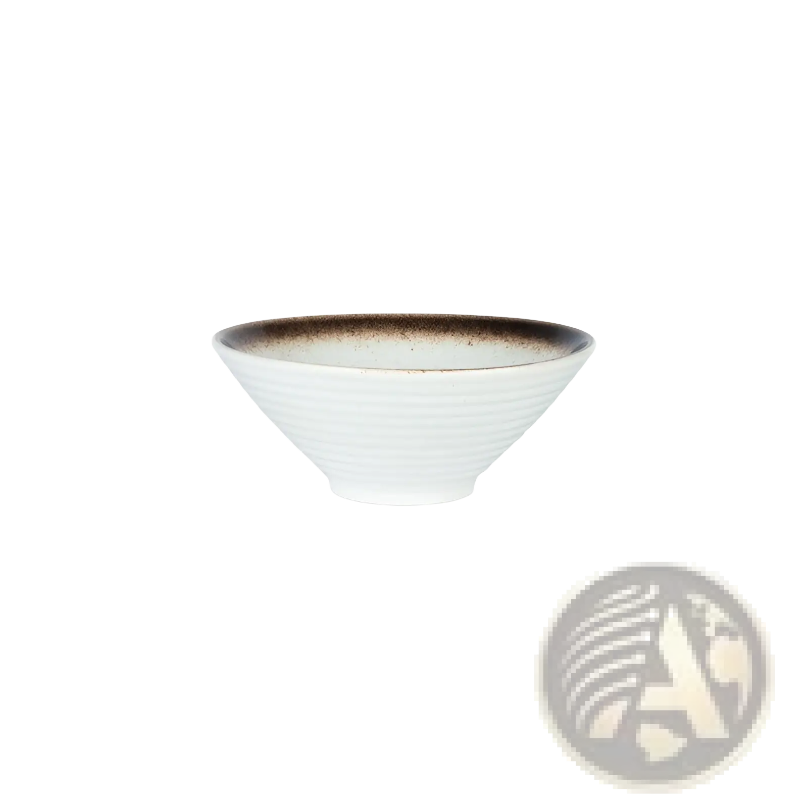 A white ceramic Japanese rustic bowl with a brown speckled rim and subtle ridges measuring 18cm by 8cm