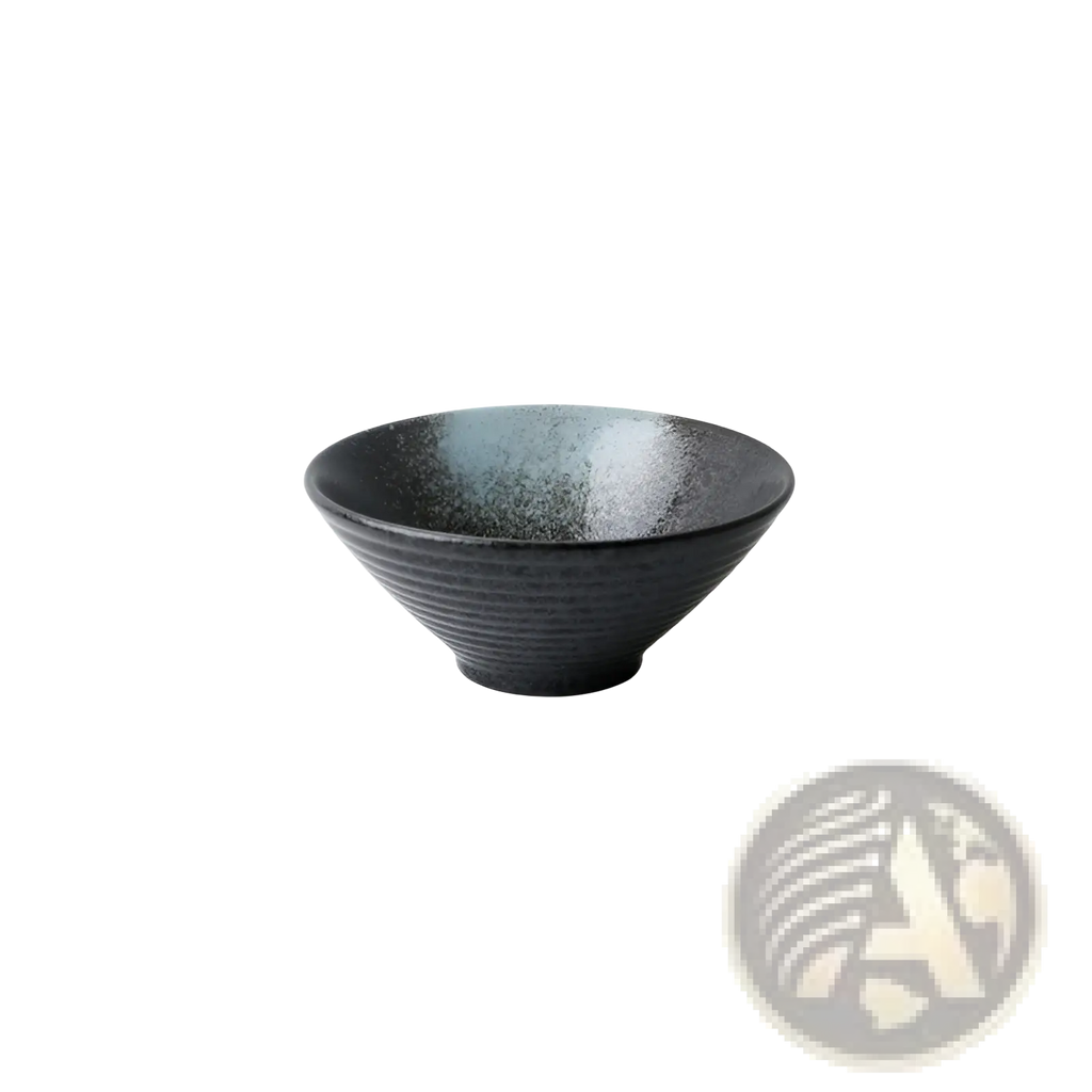 A sleek black ceramic Japanese bowl with gray and white speckled rim and concentric ridges for rustic tableware