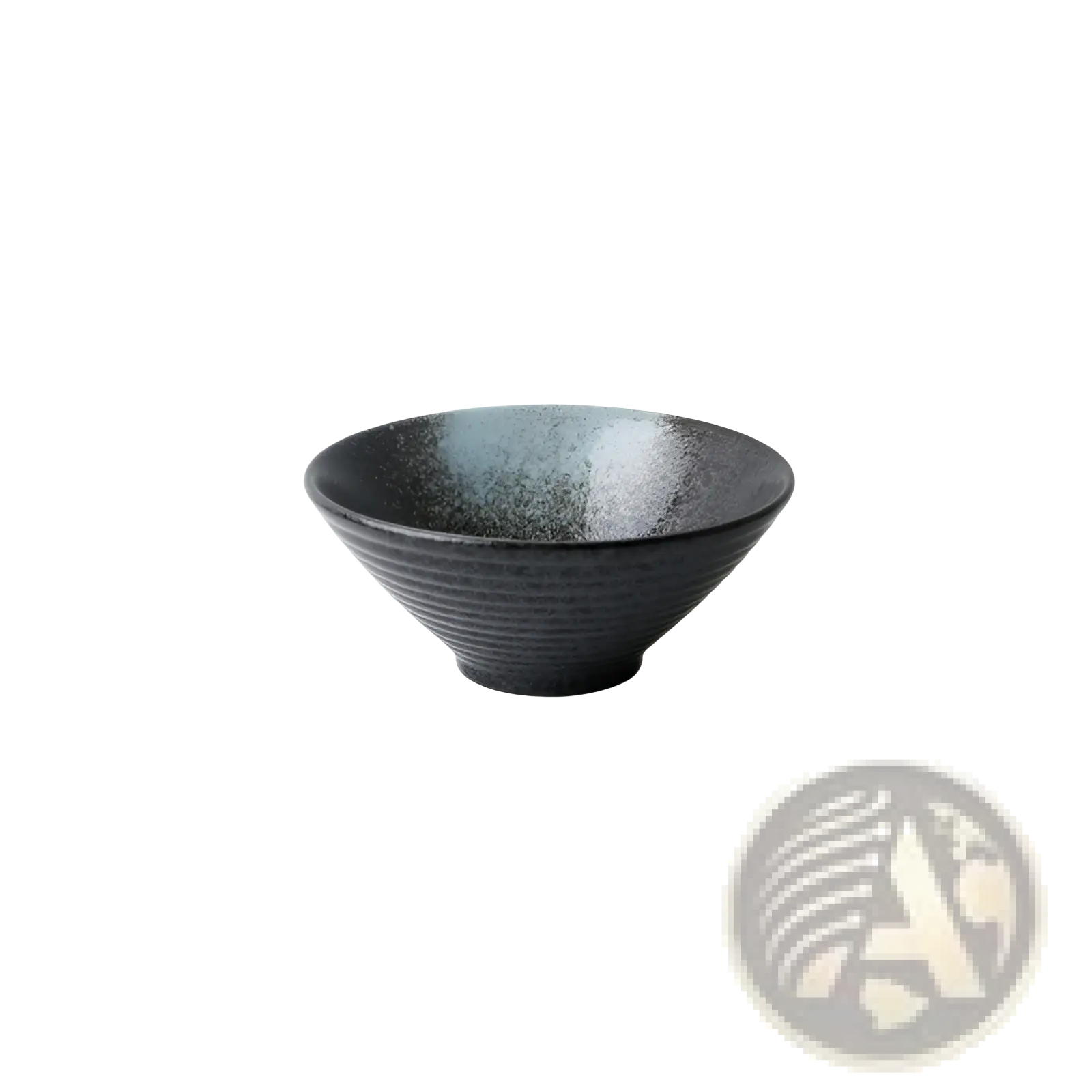 A sleek black ceramic Japanese bowl with gray and white speckled rim and concentric ridges for rustic tableware
