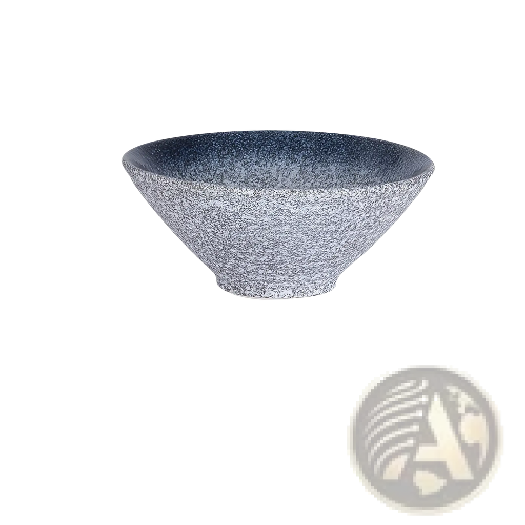 A speckled gray ceramic Japanese bowl with a gradient finish measuring 18cm wide and 8cm deep for rustic tableware