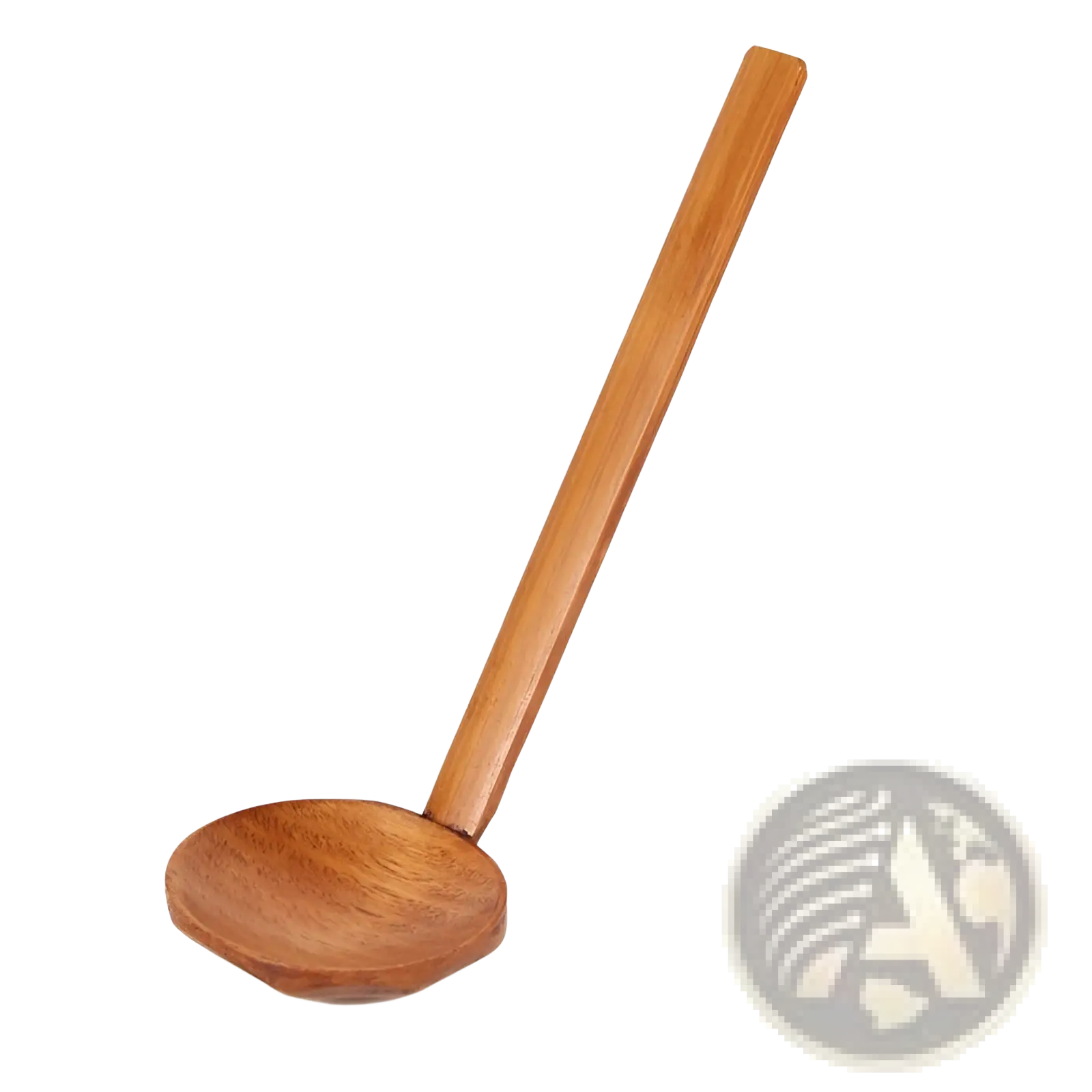 A smooth light brown wooden ladle with a long handle and rounded bowl for Japanese ceramic bowls rustic speckled tableware set