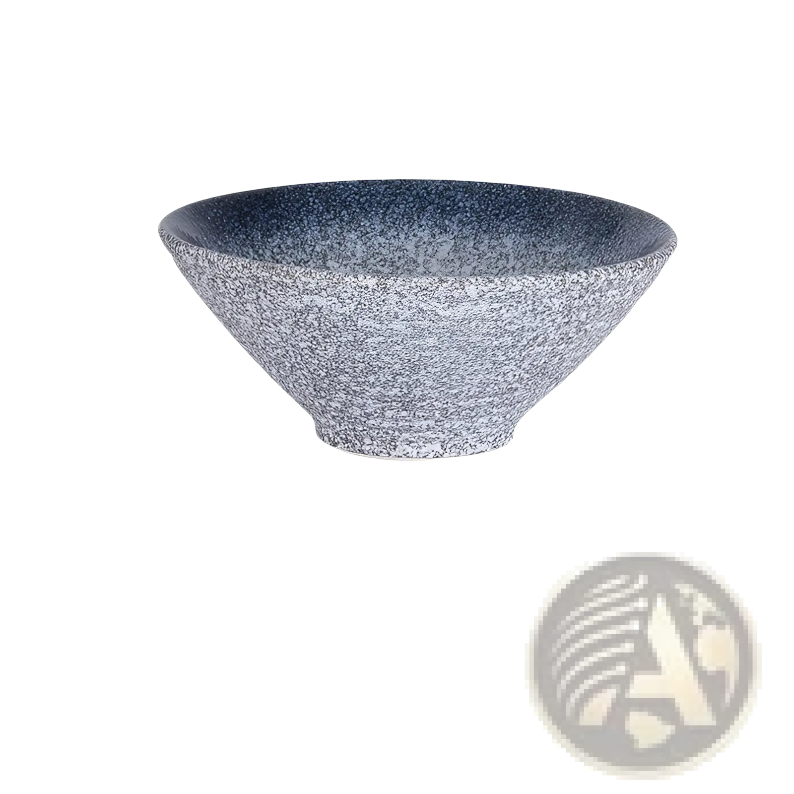 A speckled gray ceramic Japanese bowl with dark to light gradient measuring 20cm wide and 9cm deep for rustic tableware