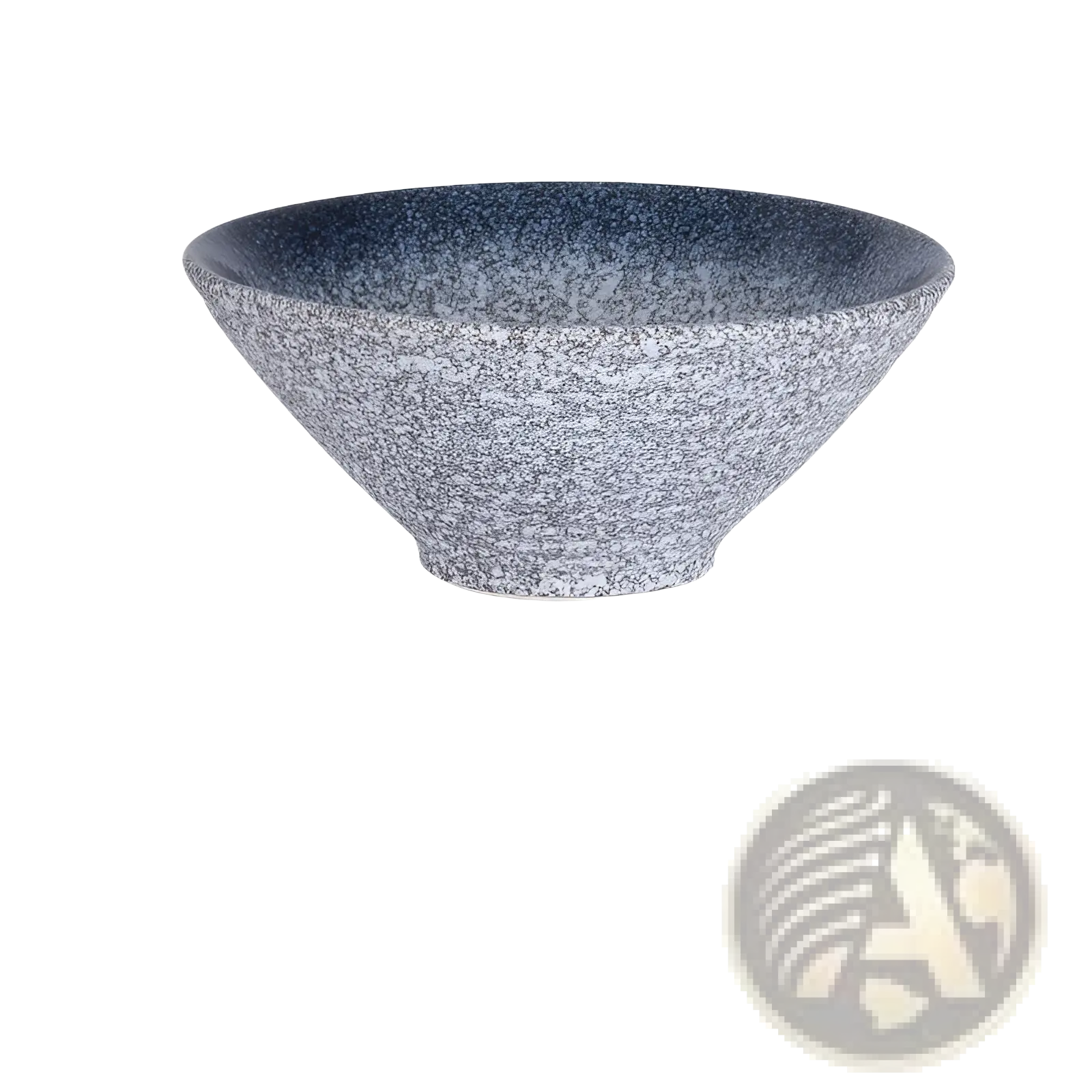 A Japanese ceramic bowl with rustic speckled gray white glaze and blue gradient rim for tableware use