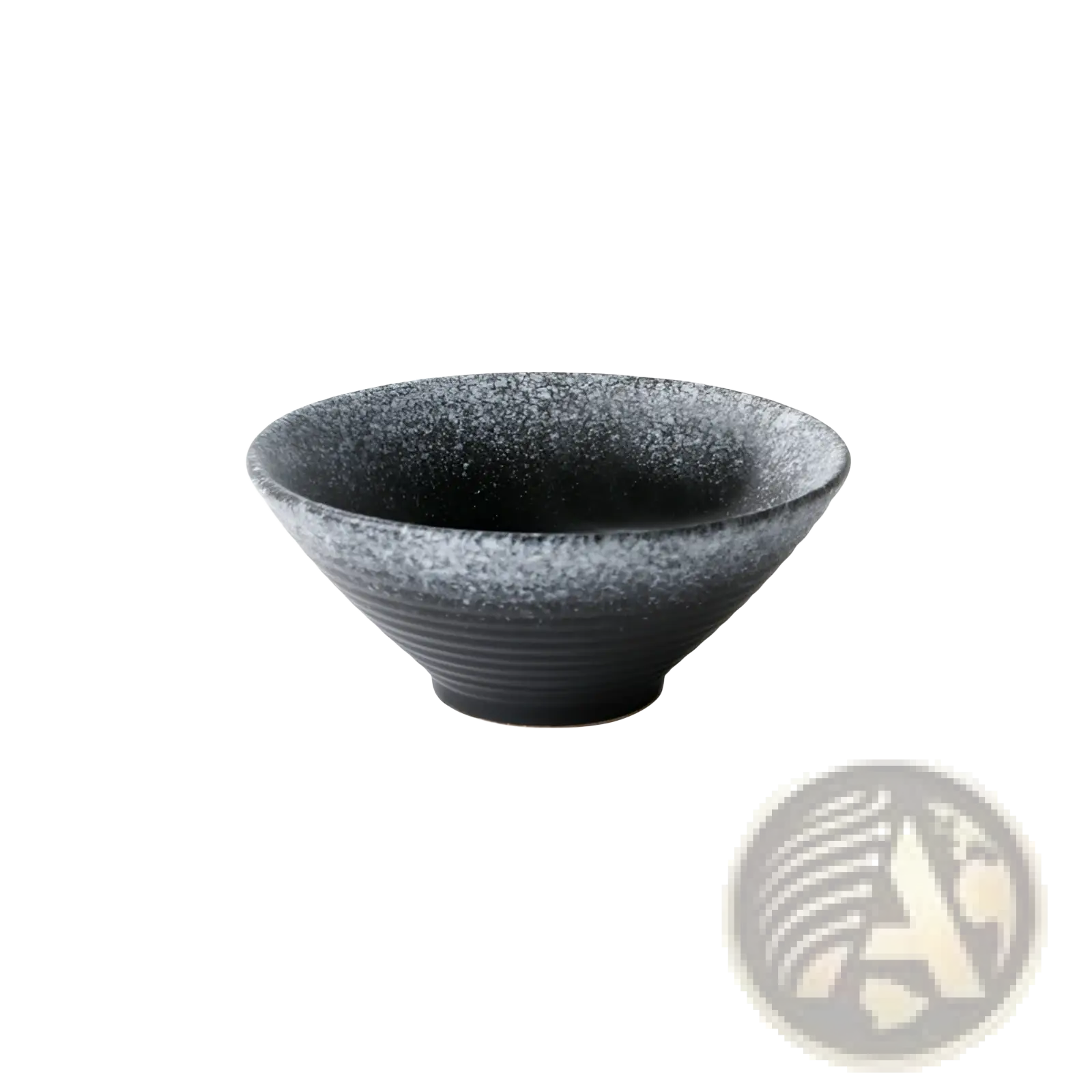 A sleek black ceramic bowl with speckled glaze and horizontal ridges in a Japanese rustic tableware set