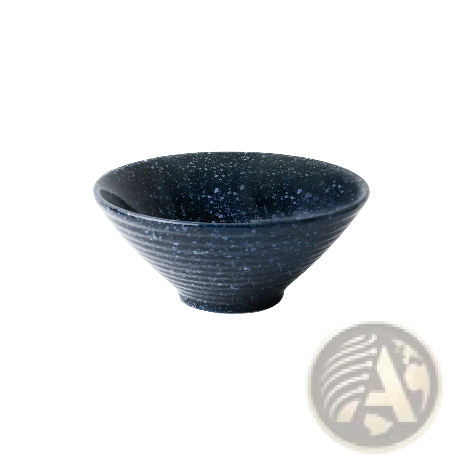 A dark blue speckled ceramic bowl with concentric ridges 23cm wide 10cm deep from a Japanese ceramic rustic tableware set