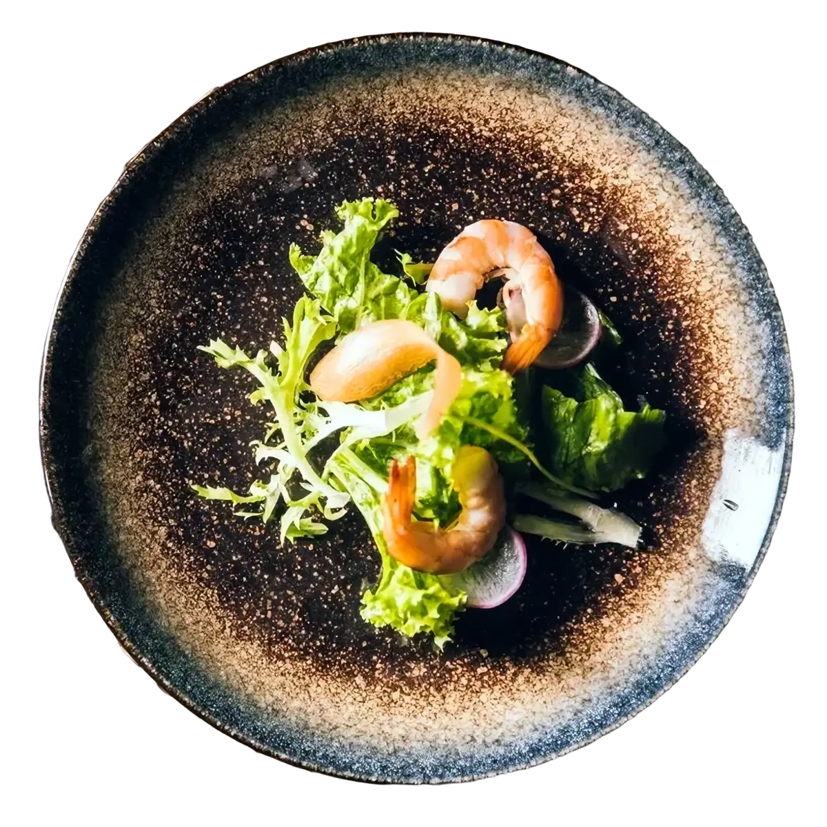 A rustic ceramic Japanese dinner plate with speckled dark brown and gray glaze holding fresh salad and shrimp