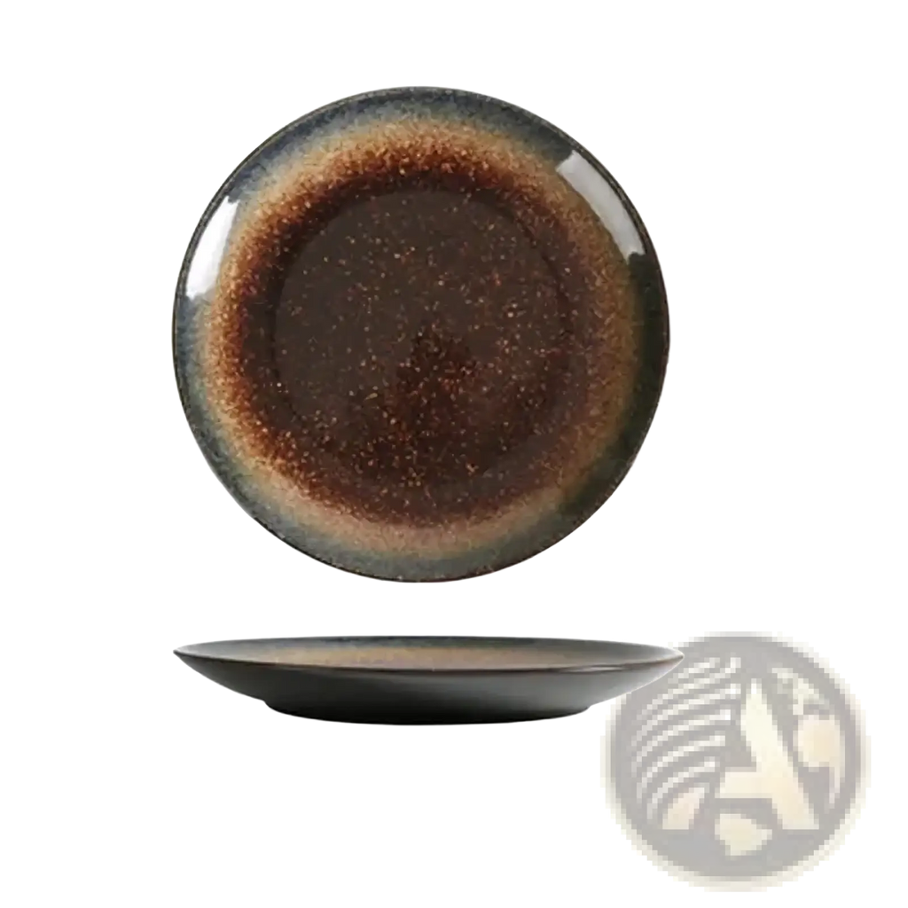 A round Japanese ceramic dinner plate with glossy gradient glaze from deep brown to muted gray rim for rustic tableware
