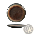 A round Japanese ceramic dinner plate with glossy gradient glaze from deep brown to muted gray rim for rustic tableware