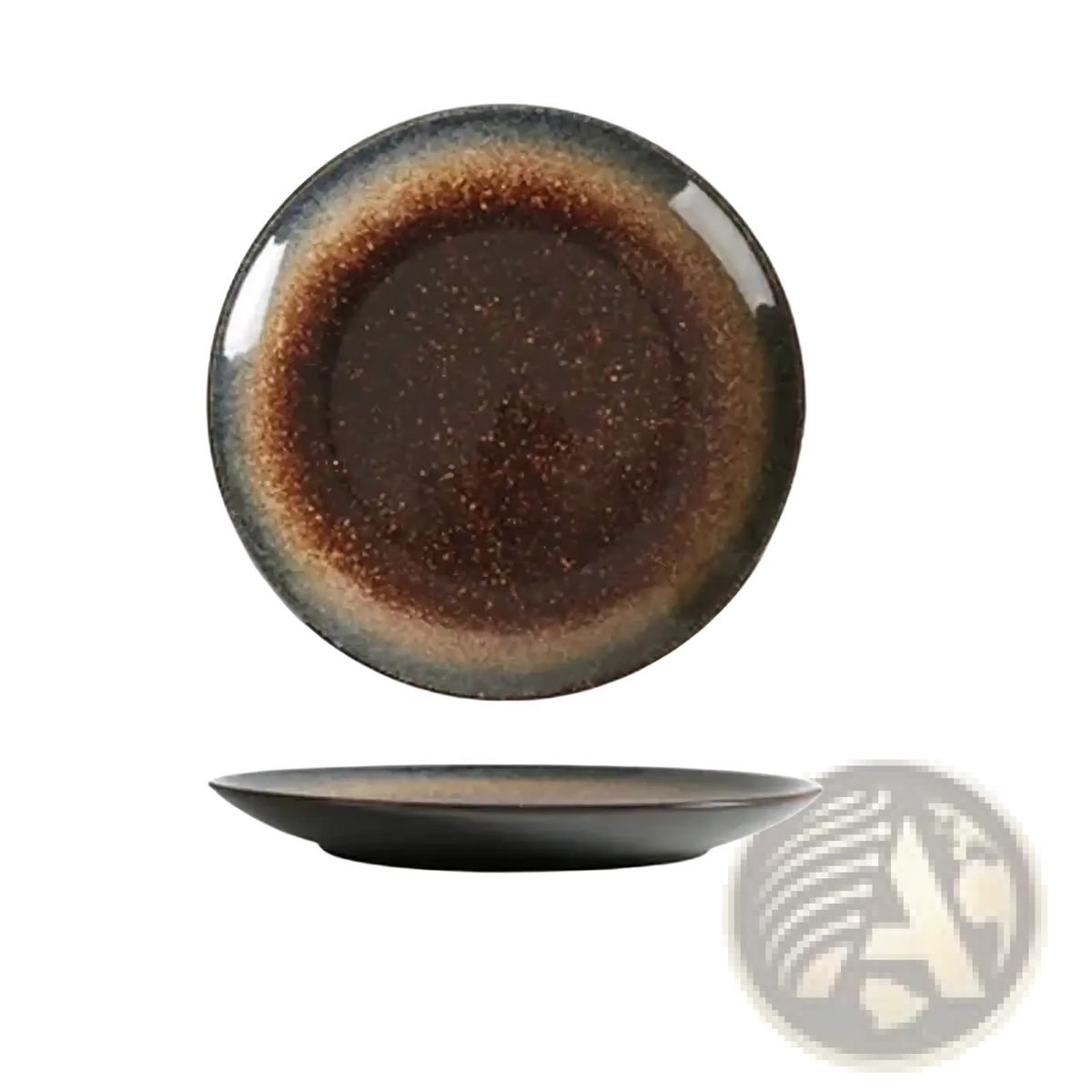 A round Japanese ceramic dinner plate with glossy gradient glaze from deep brown to muted gray rim for rustic tableware