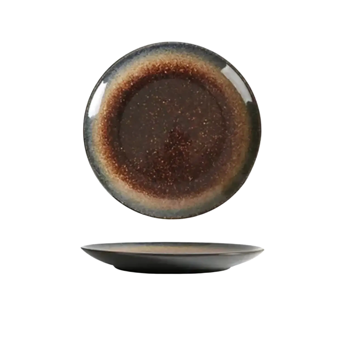 A glossy japanese ceramic dinner plate with a gradient brown to black glaze and subtle speckles for rustic tableware