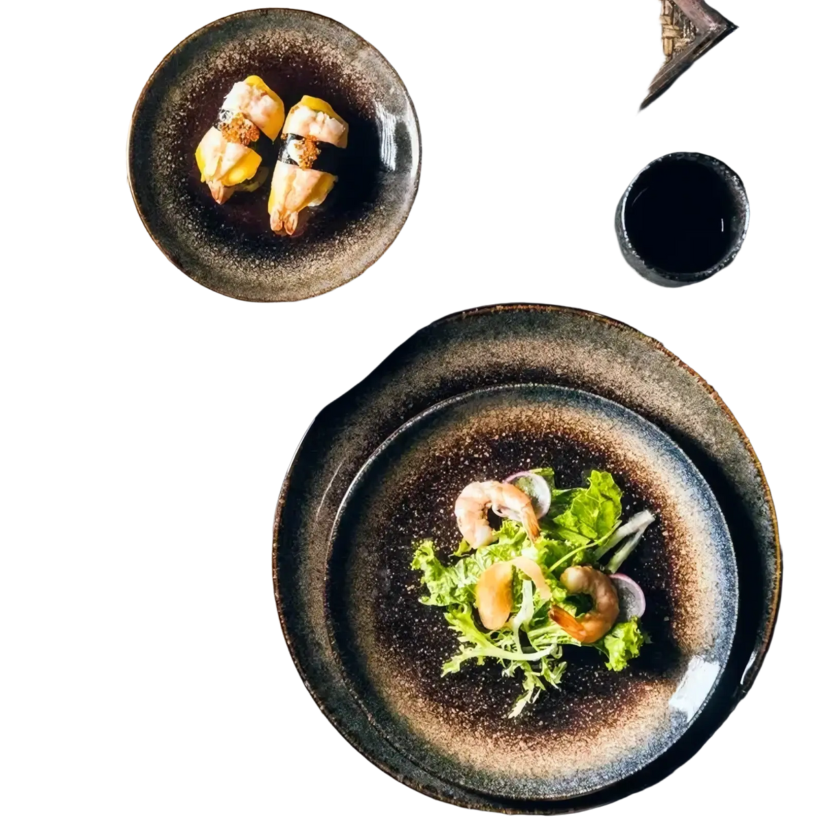 Rustic ceramic dinner plate with speckled brown and black glaze for traditional japanese tableware use