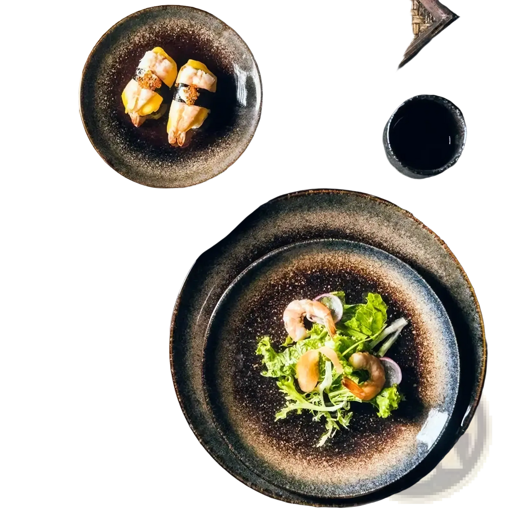Rustic ceramic dinner plate with speckled brown and black glaze for traditional japanese tableware use