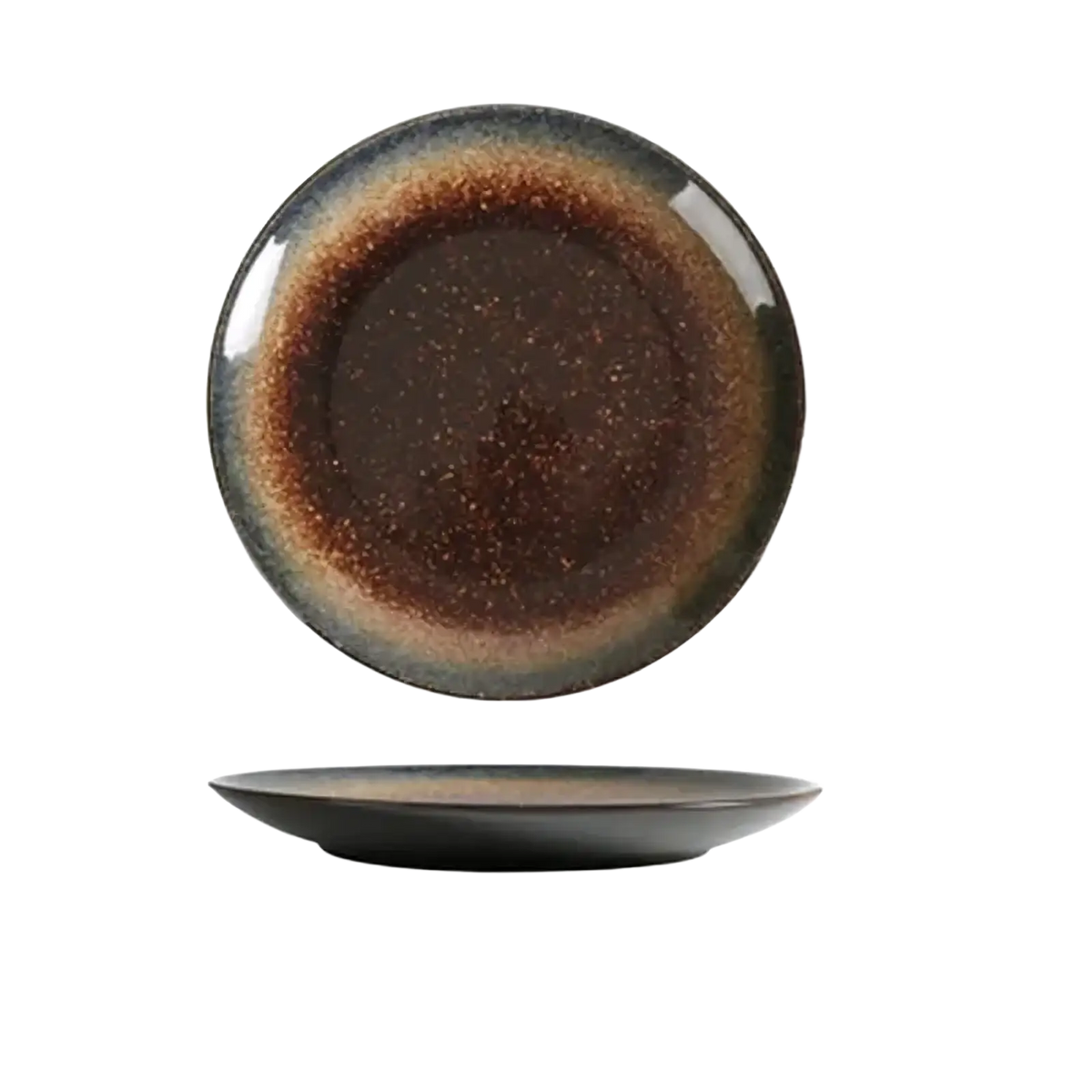 A round Japanese ceramic dinner plate with glossy gradient glaze from deep brown to muted gray rim for rustic tableware