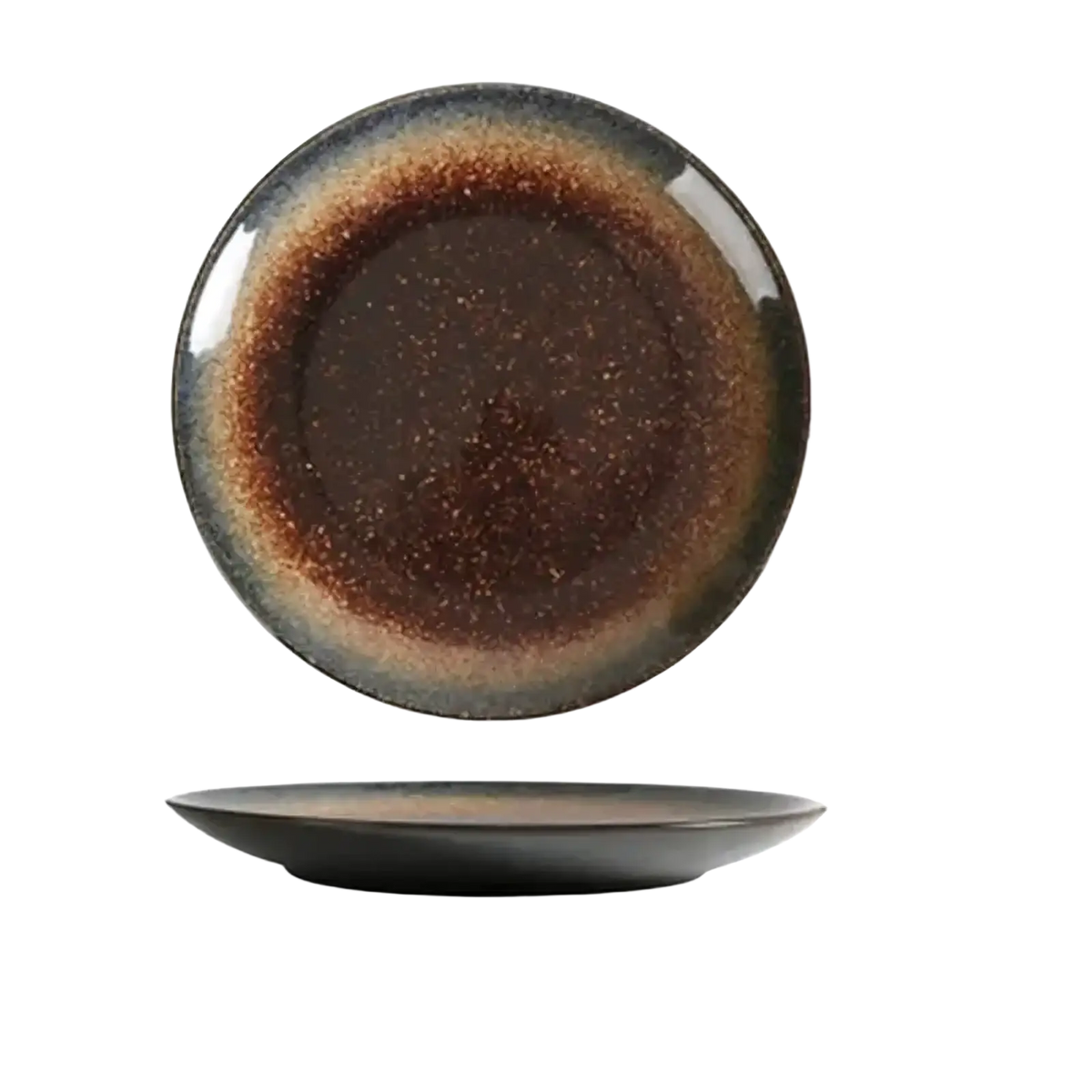A round Japanese ceramic dinner plate with a glossy brown to black gradient glaze and speckled rustic texture