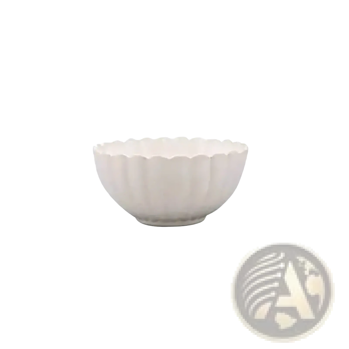 A white ceramic bowl with a fluted petal-like rim and vertical ridges from a Japanese ceramic dinnerware set