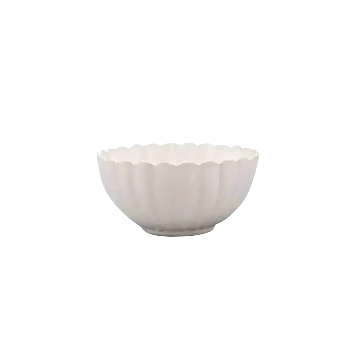 A white ceramic bowl with a fluted petal-like rim and vertical ridges from a Japanese ceramic dinnerware set